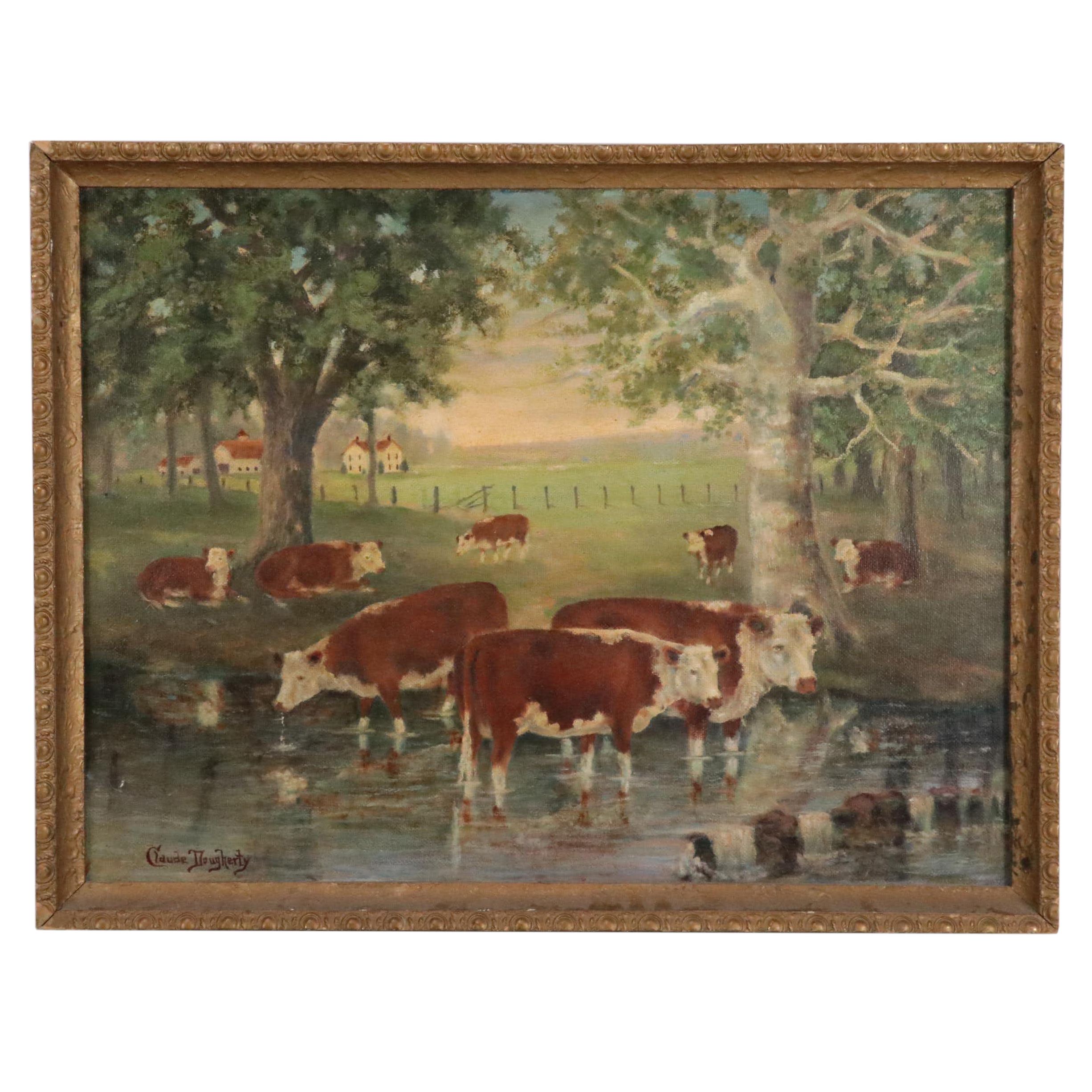 Claude Dougherty Oil Painting of Cattle Watering, Early to Mid 20th Century