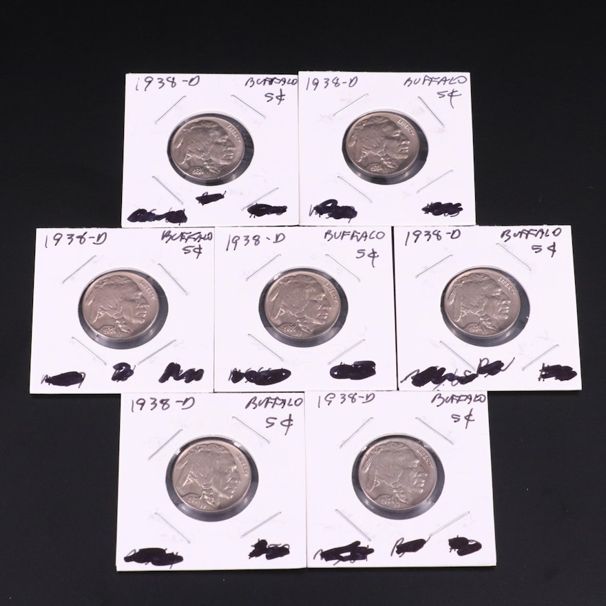 Seven Uncirculated 1938-D Buffalo Nickels