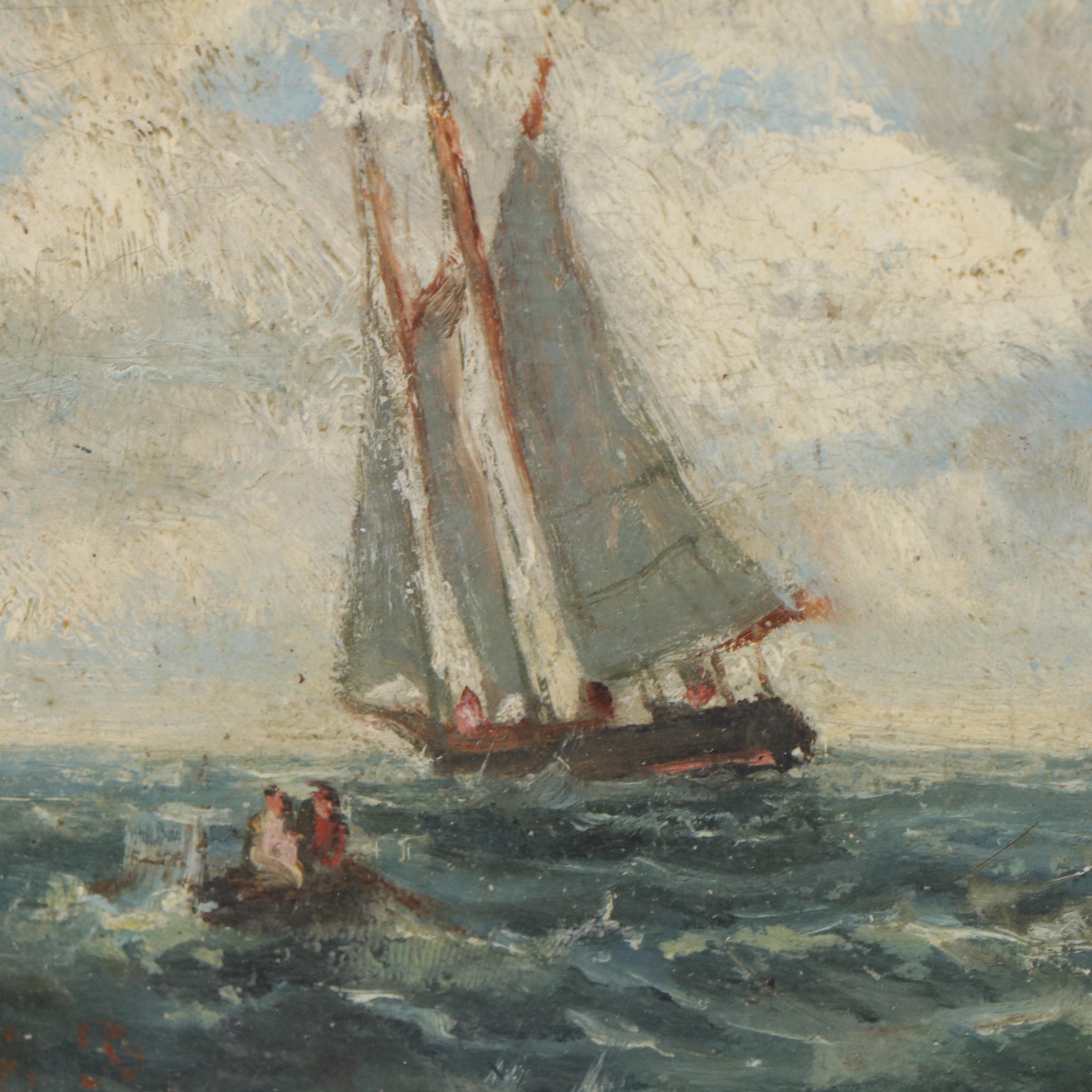 Marine Oil Painting of Three Ships at Sea, Early 20th Century