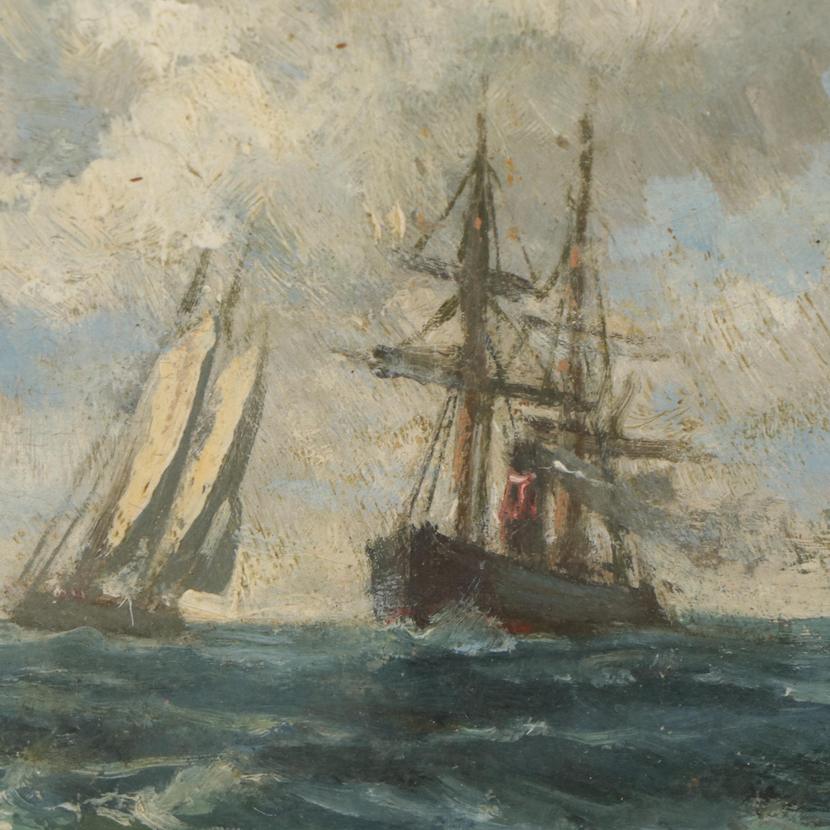 Marine Oil Painting of Three Ships at Sea, Early 20th Century