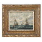 Marine Oil Painting of Three Ships at Sea, Early 20th Century