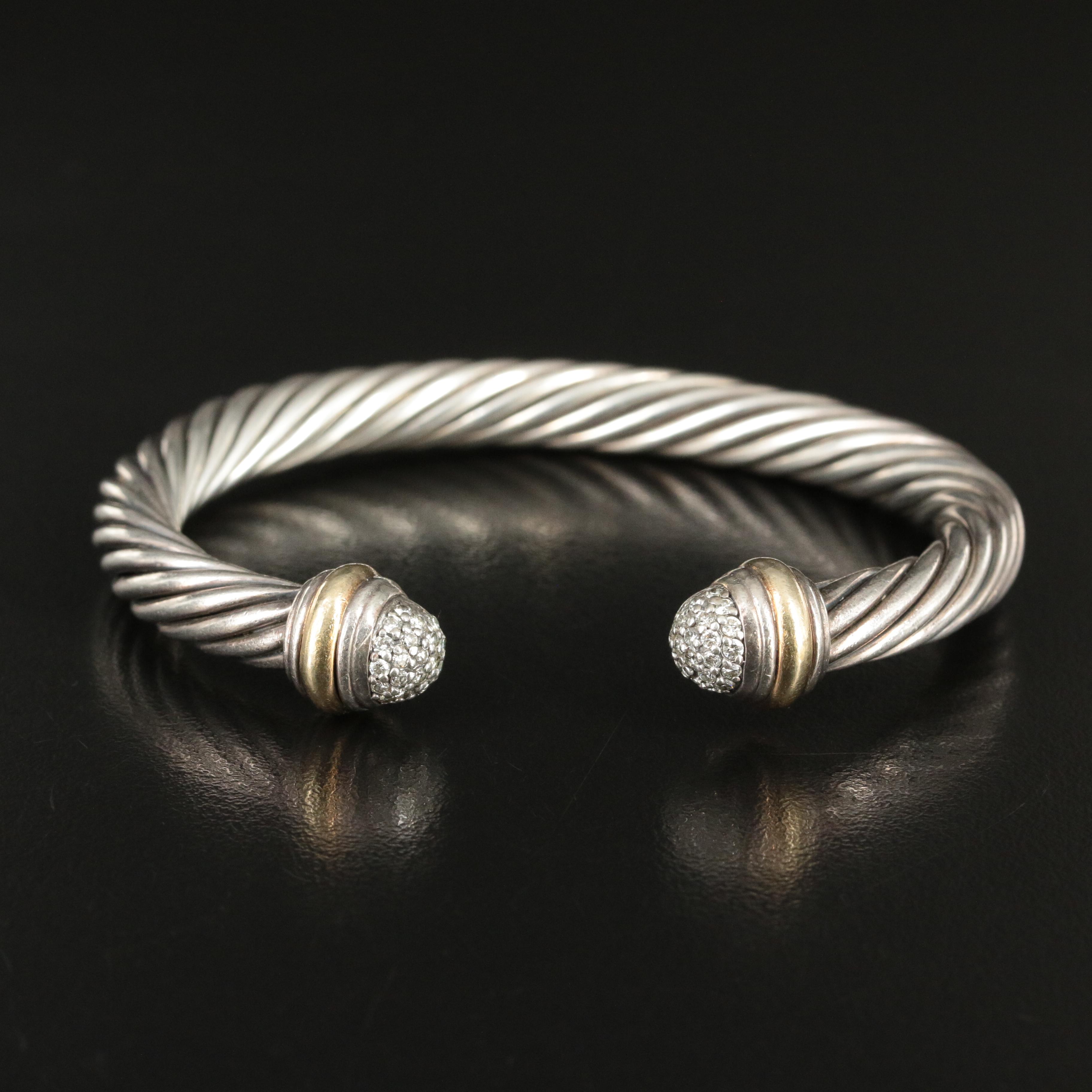 David Yurman Sterling, 18K and 0.58 CTW Diamond Cable Cuff Bracelet