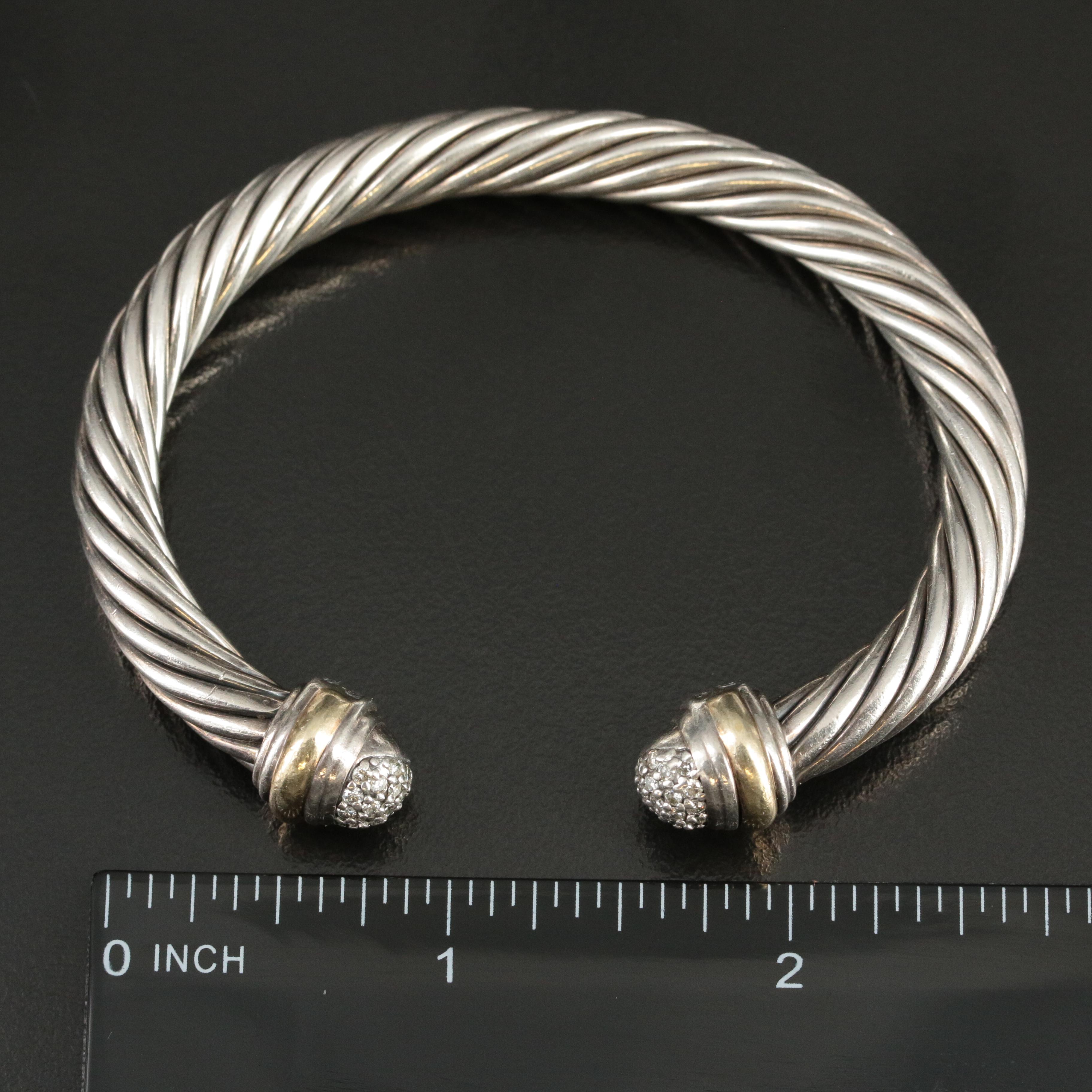 David Yurman Sterling, 18K and 0.58 CTW Diamond Cable Cuff Bracelet