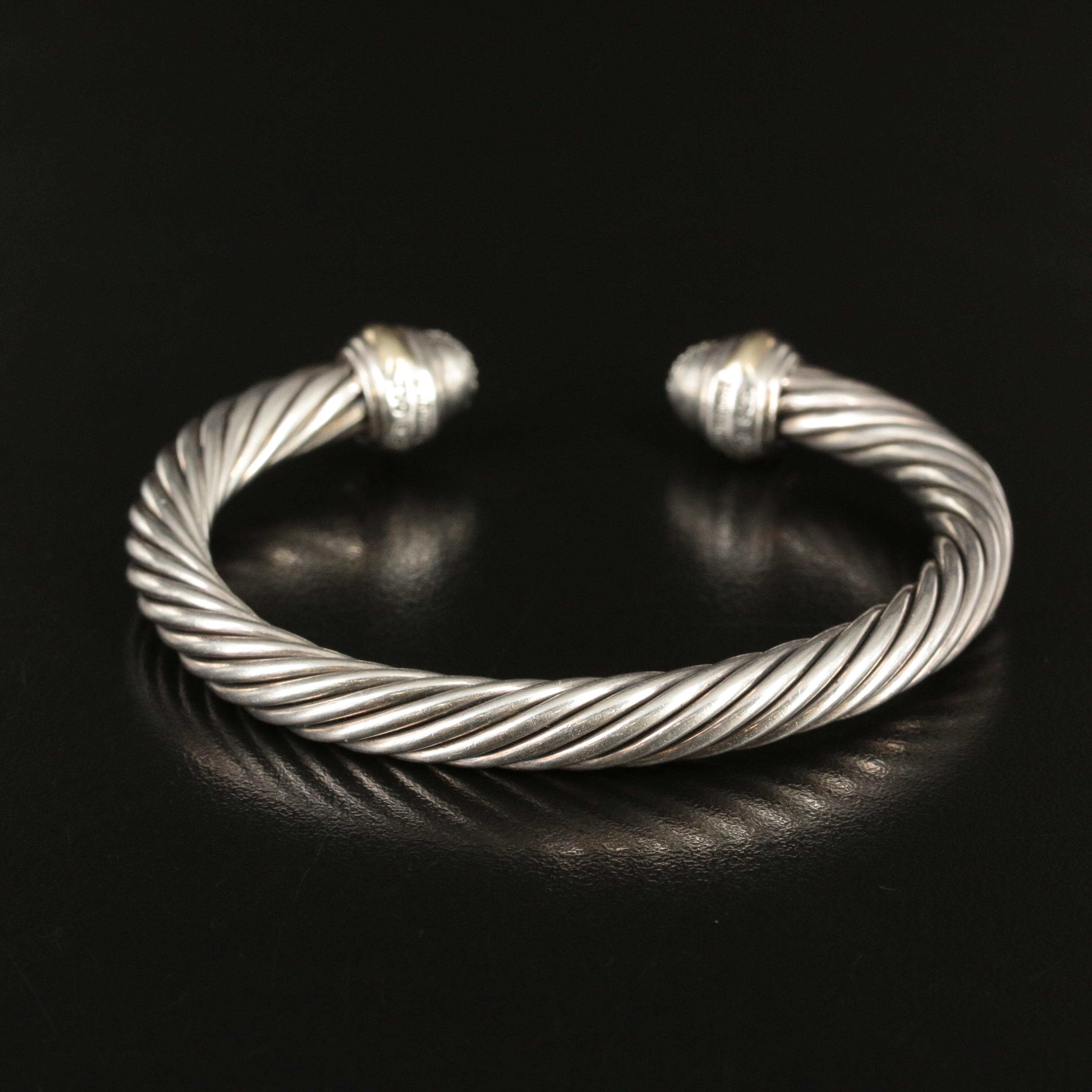 David Yurman Sterling, 18K and 0.58 CTW Diamond Cable Cuff Bracelet