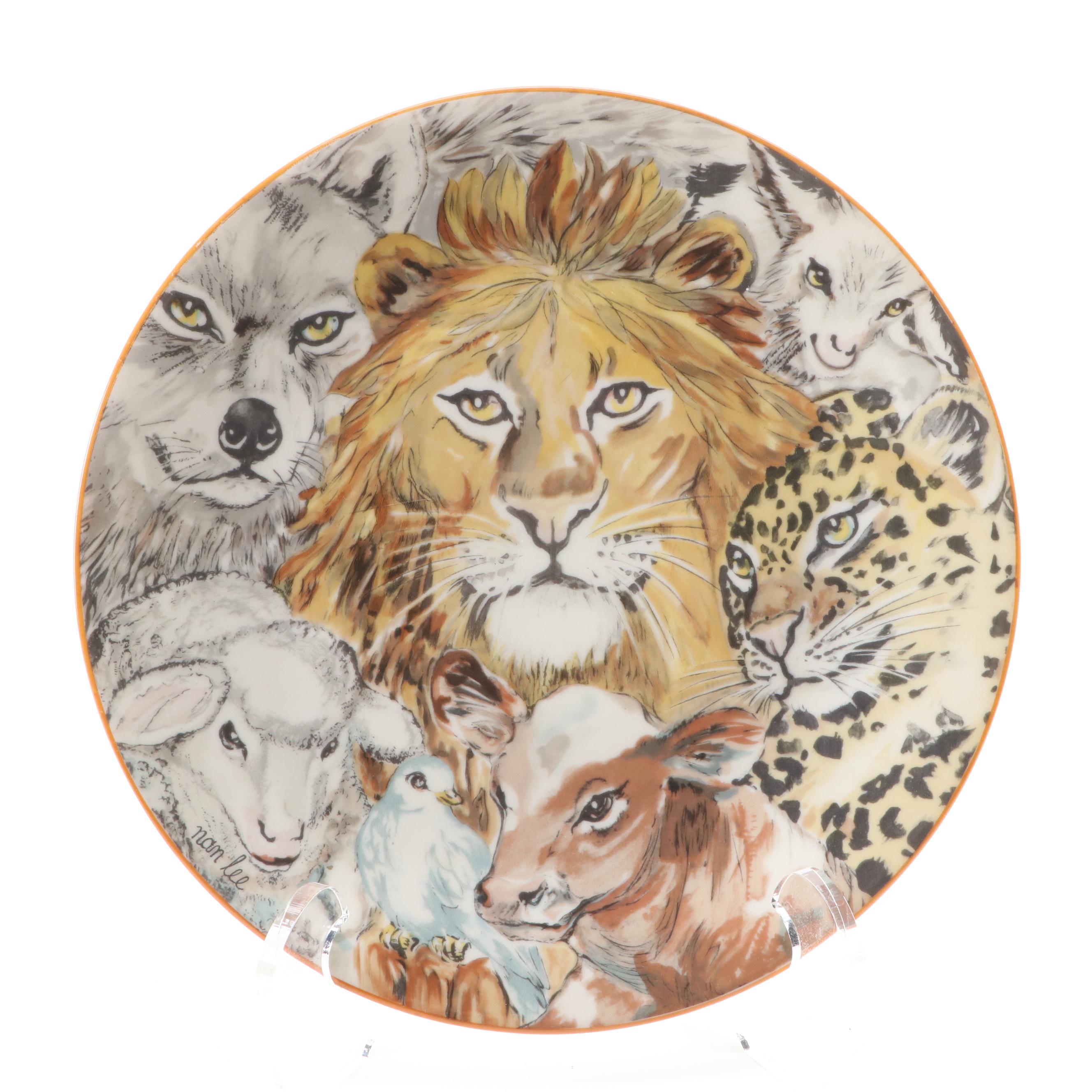 Limoges Haviland "Peaceable Kingdom" Porcelain Plate with Carved Wood Figurines