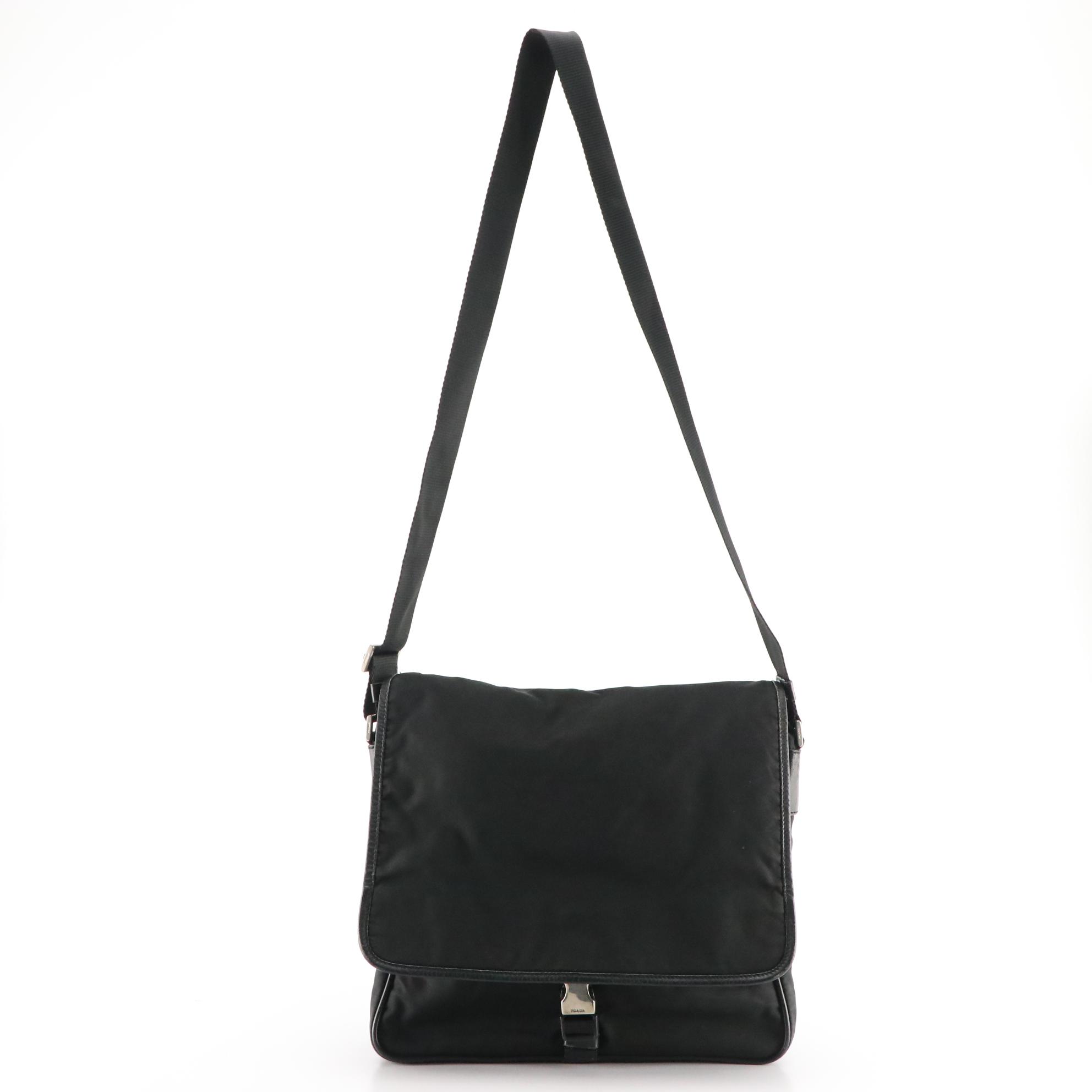 Prada Flap Front Messenger Bag in Black Tessuto Nylon with Saffiano Leather Trim