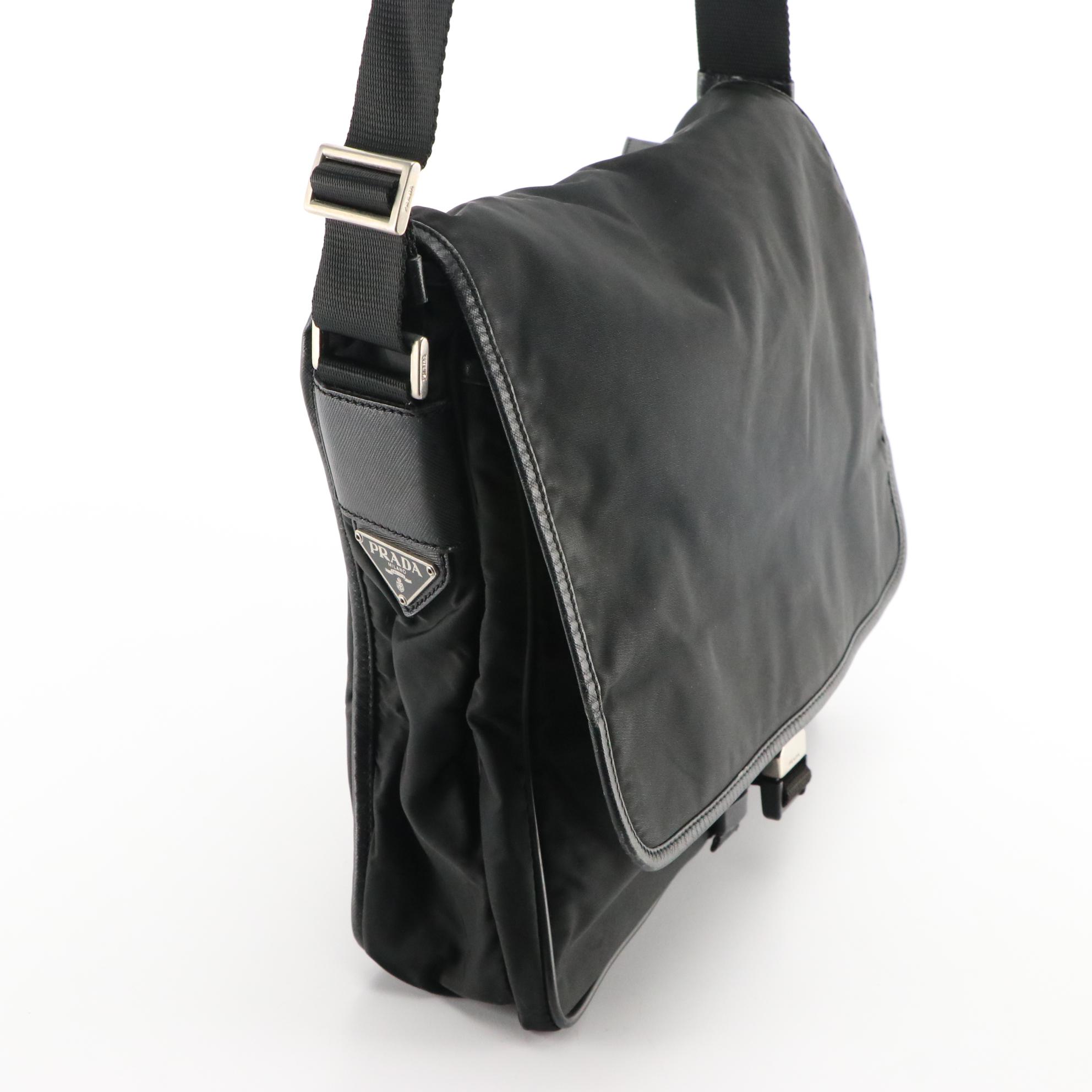 Prada Flap Front Messenger Bag in Black Tessuto Nylon with Saffiano Leather Trim