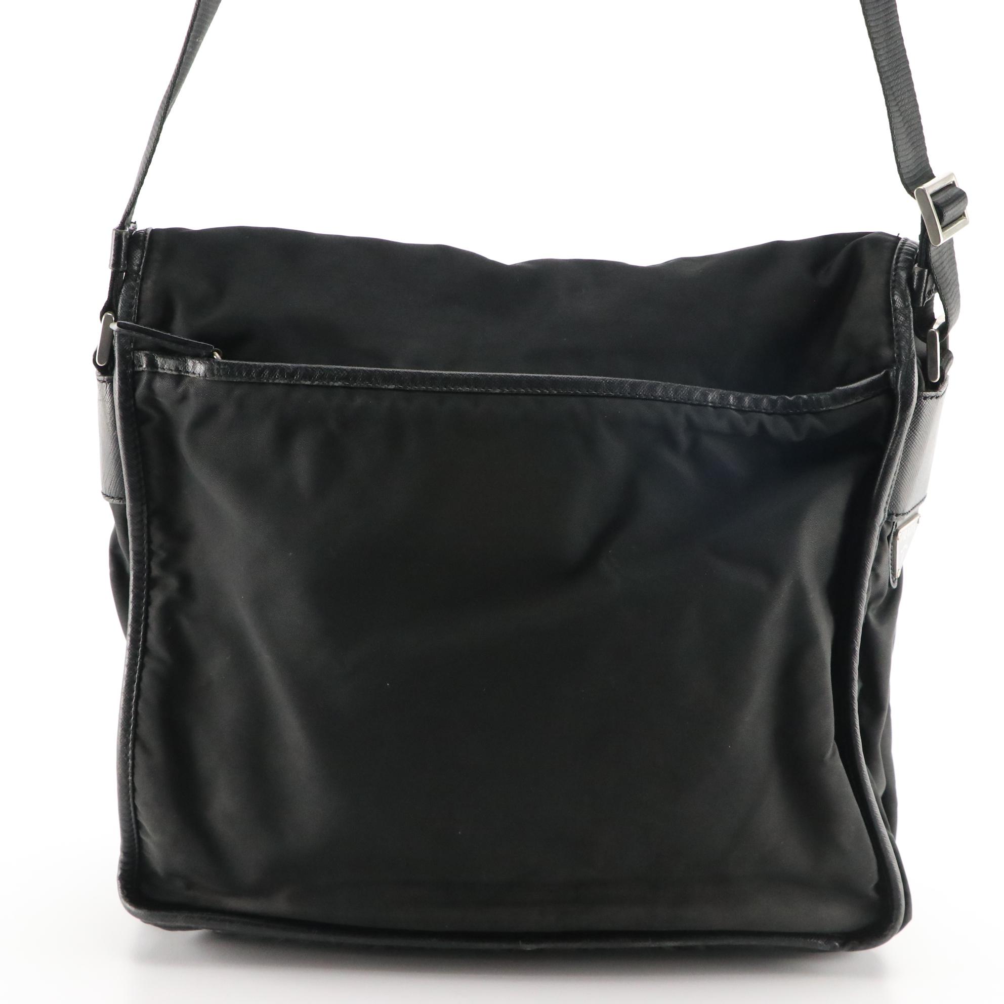 Prada Flap Front Messenger Bag in Black Tessuto Nylon with Saffiano Leather Trim