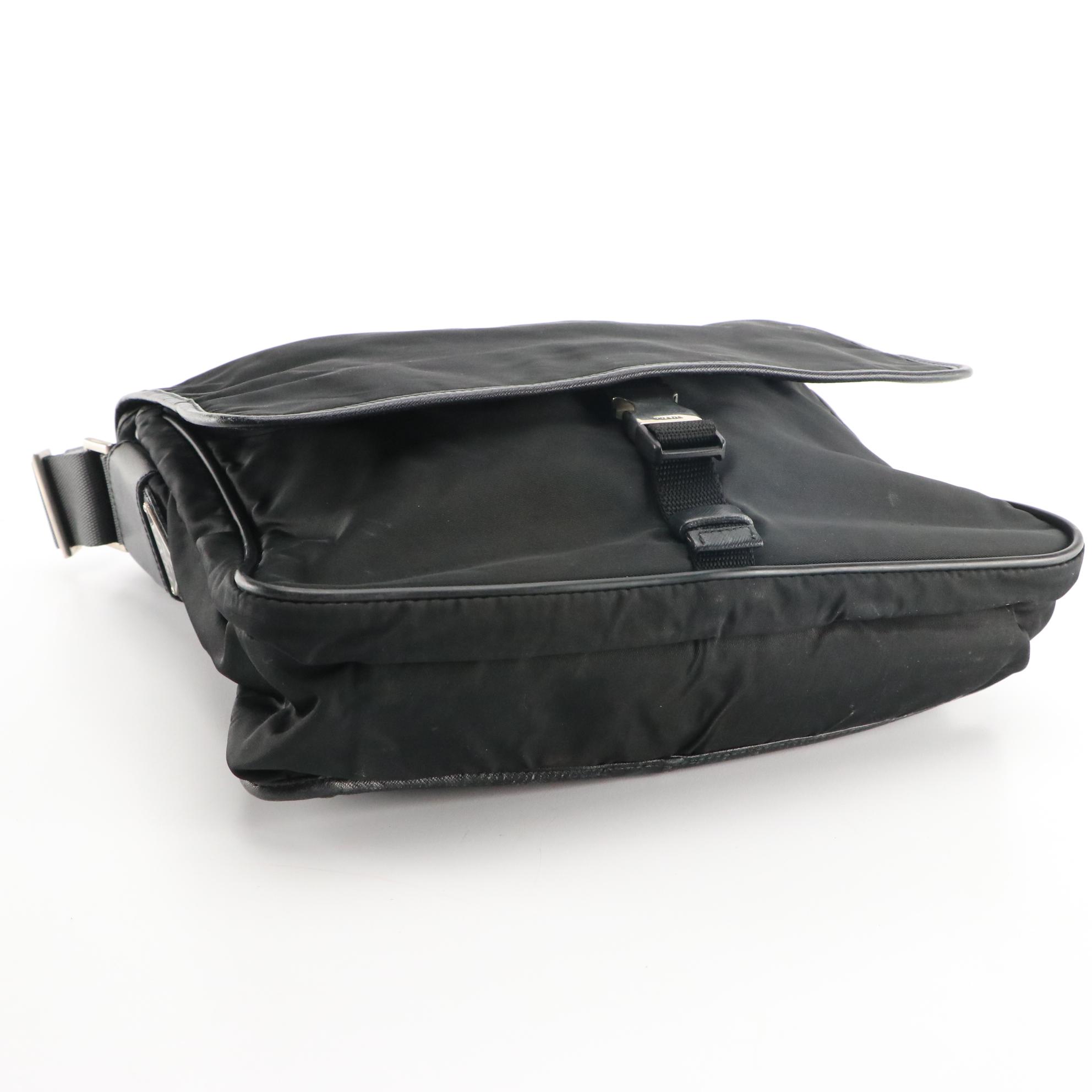 Prada Flap Front Messenger Bag in Black Tessuto Nylon with Saffiano Leather Trim