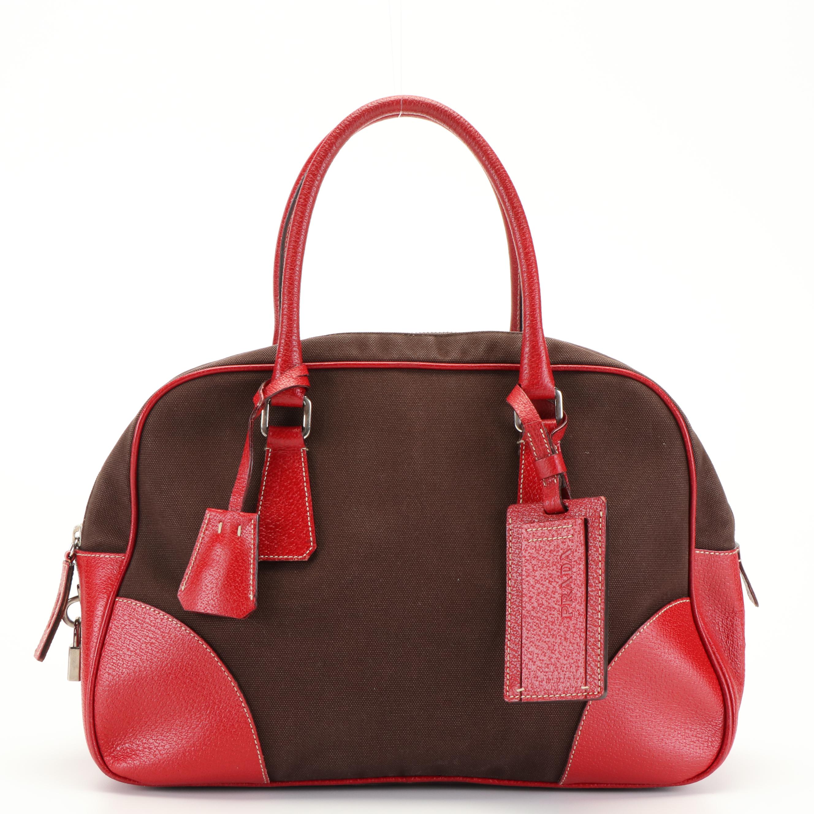 Prada Red Cinghiale-Trimmed Brown Canvas Canapa Handle Bag