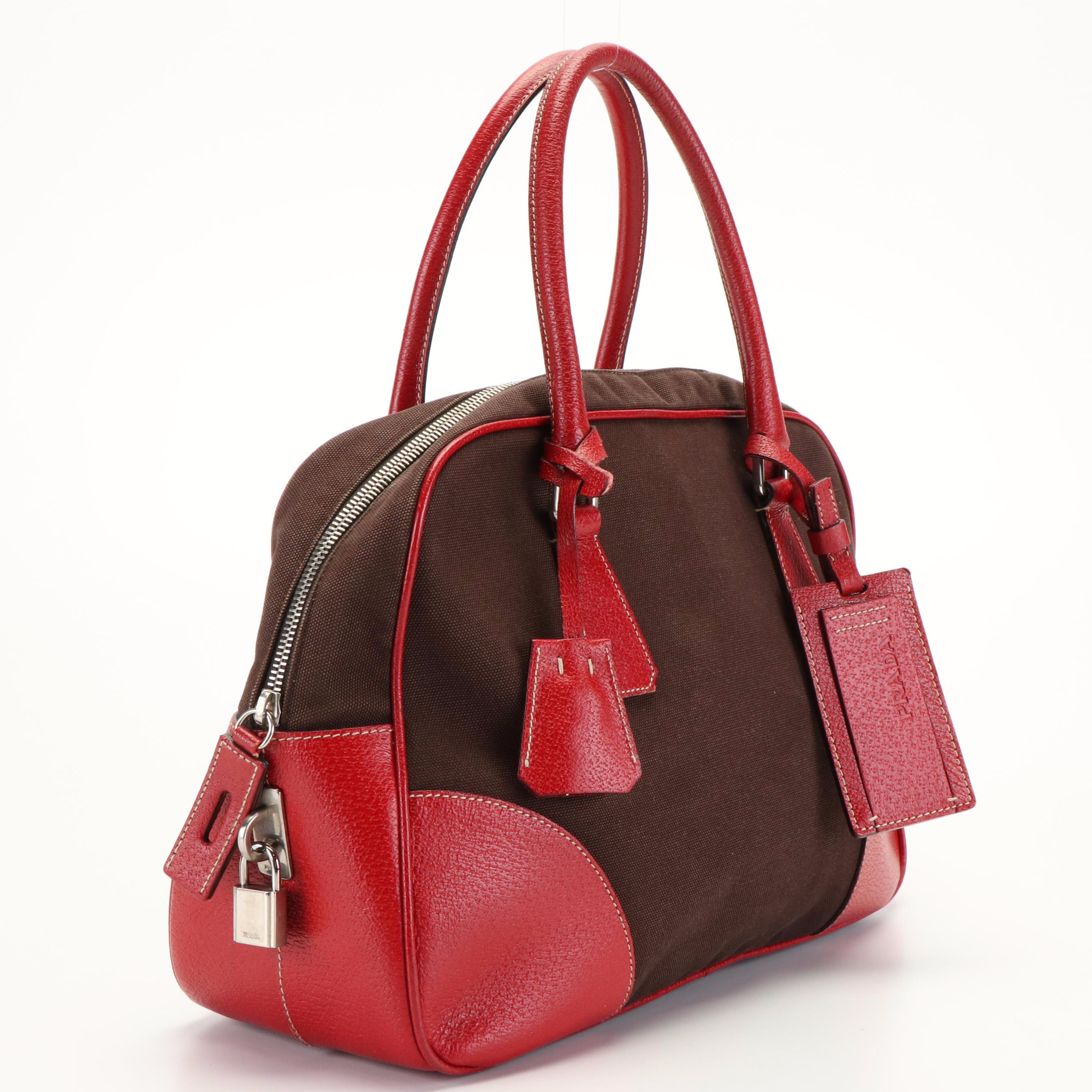 Prada Red Cinghiale-Trimmed Brown Canvas Canapa Handle Bag