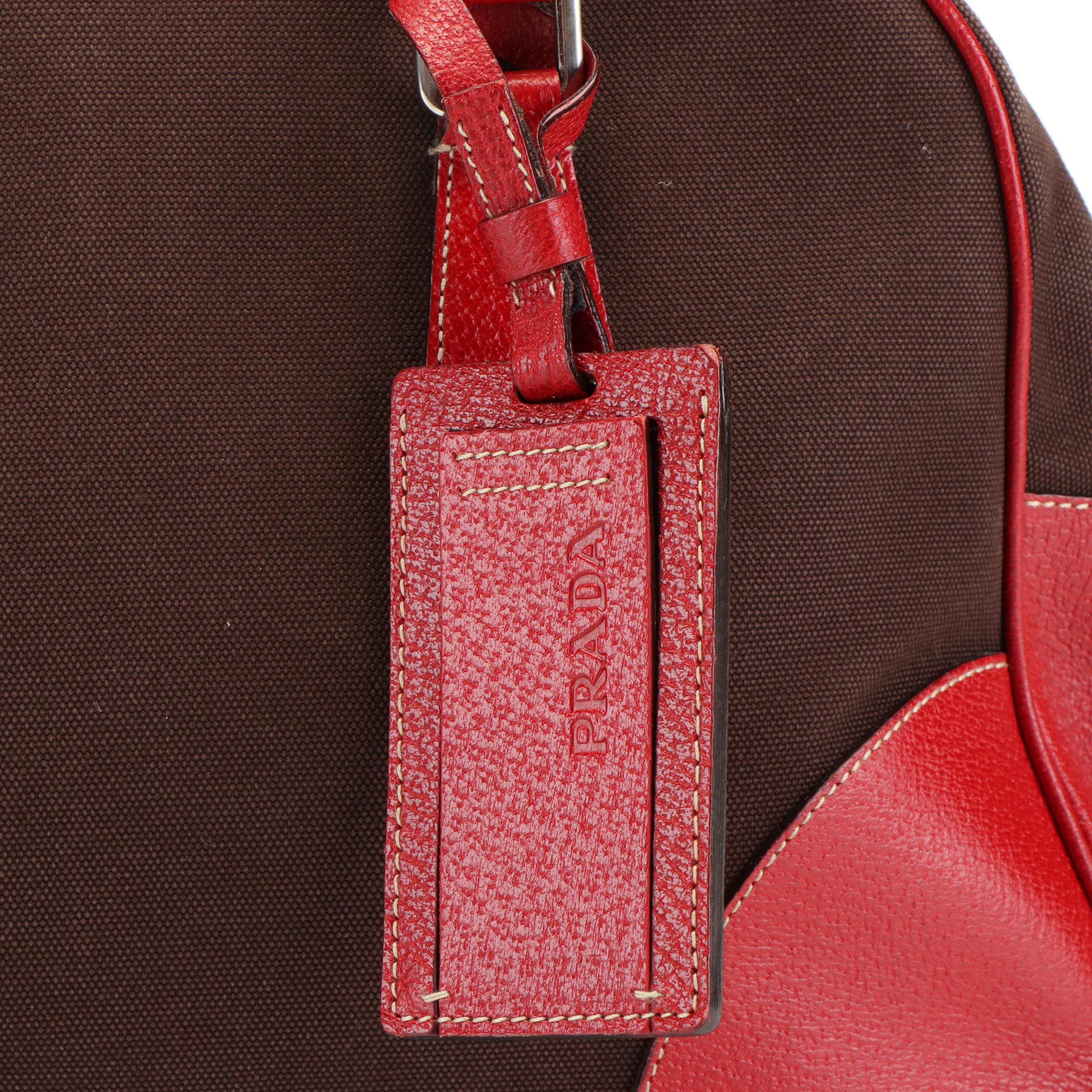Prada Red Cinghiale-Trimmed Brown Canvas Canapa Handle Bag
