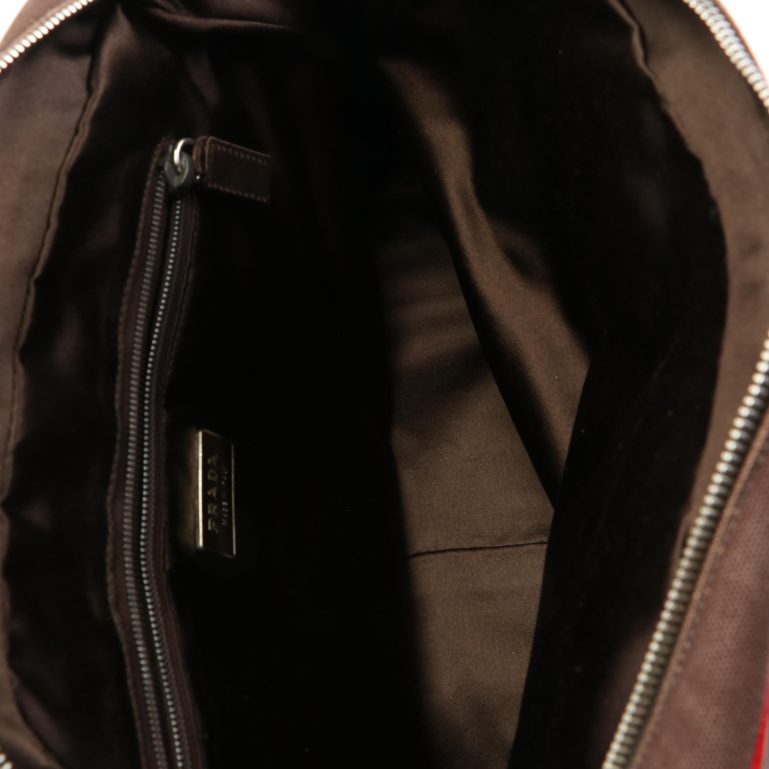 Prada Red Cinghiale-Trimmed Brown Canvas Canapa Handle Bag