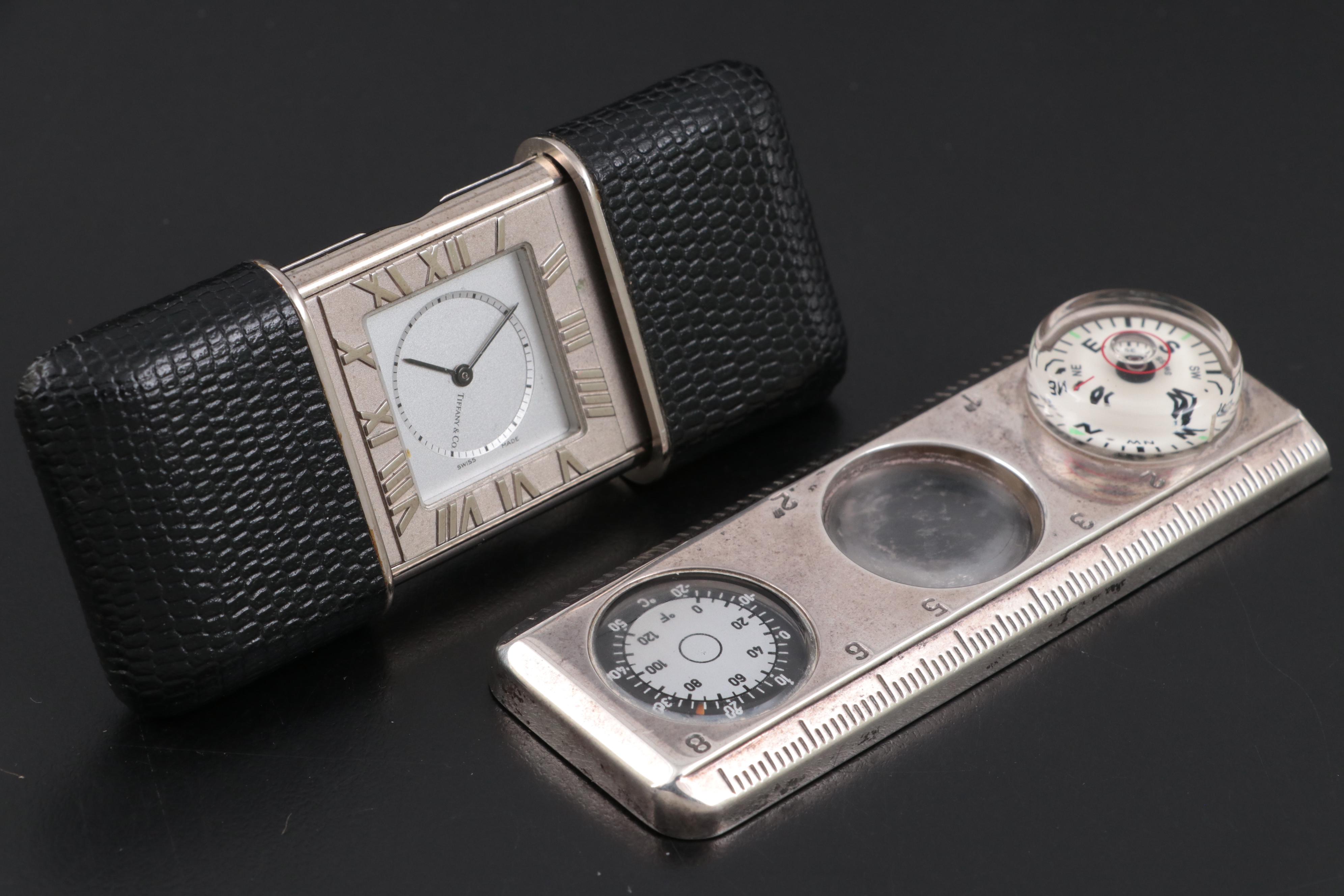 Tiffany & Co. Sterling Silver Pocket Ruler with Collapsible Travel Clock