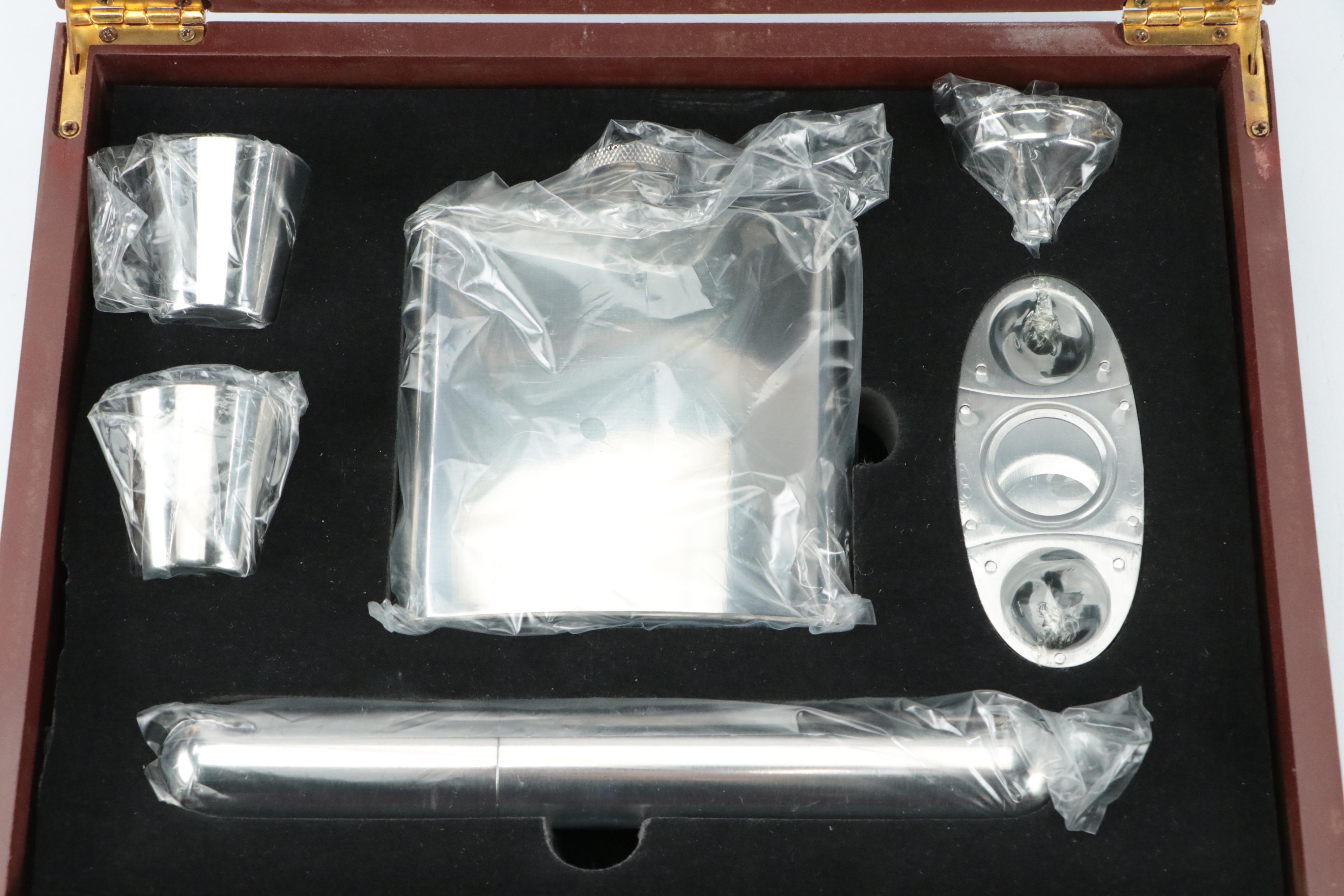 Cedar Lined Humidor With Cigar Cutter, Hip Flask and Cigar Tube Set