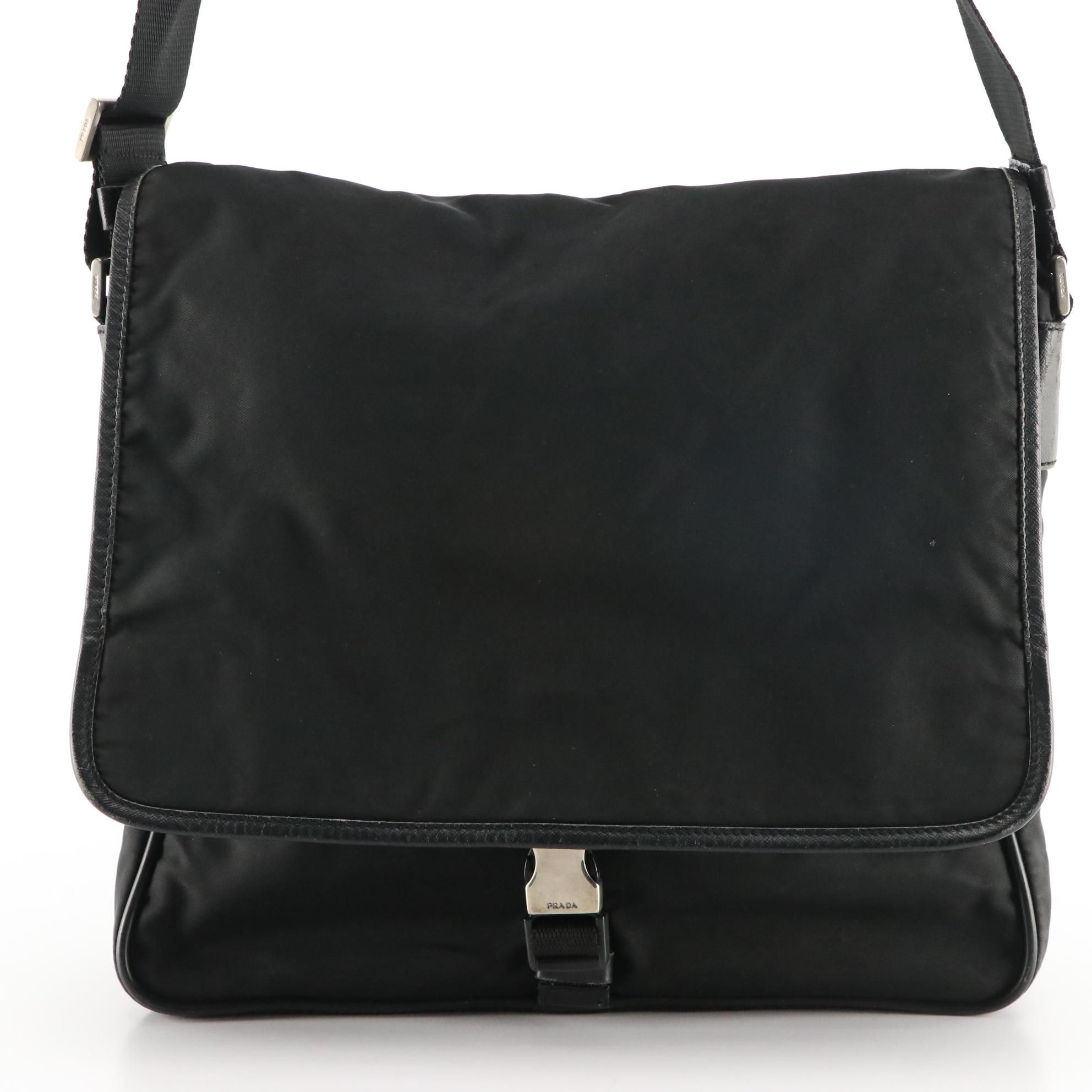 Prada Flap Front Messenger Bag in Black Tessuto Nylon with Saffiano Leather Trim