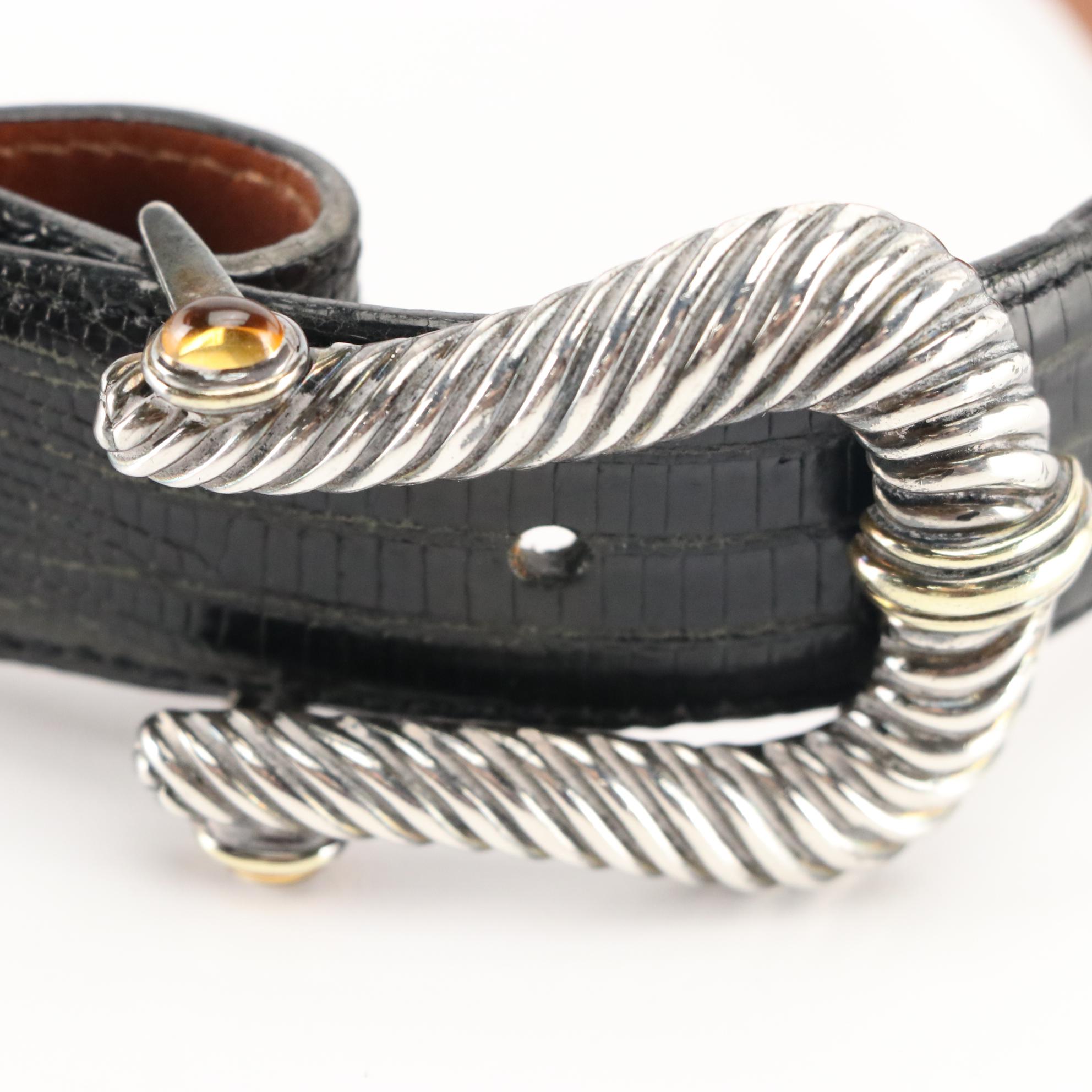 David Yurman Teju Lizard Skin and Leather Belt with Sterling and 14K Buckle