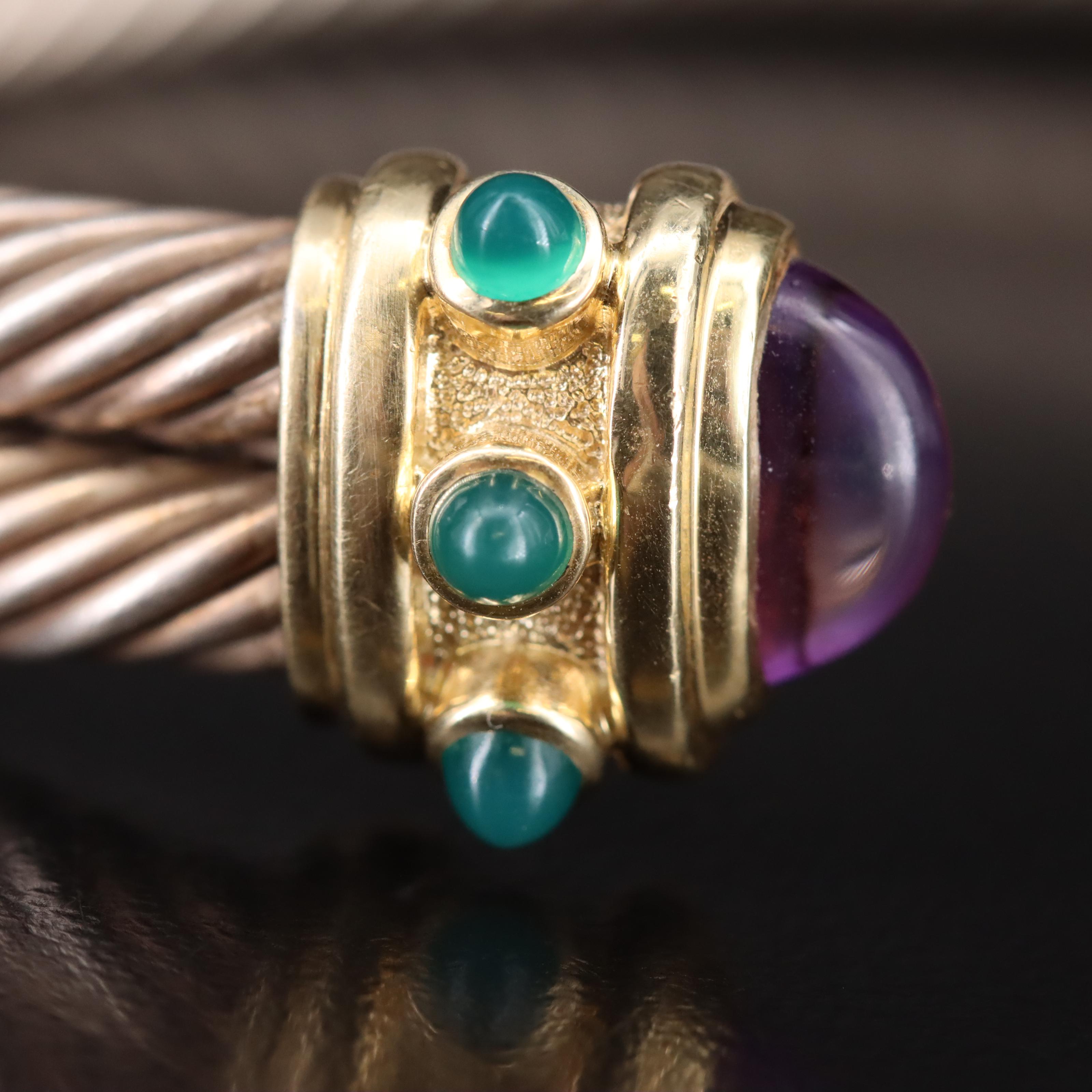 David Yurman "Renaissance" Sterling, 14K, Amethyst and Chalcedony Cuff Bracelet