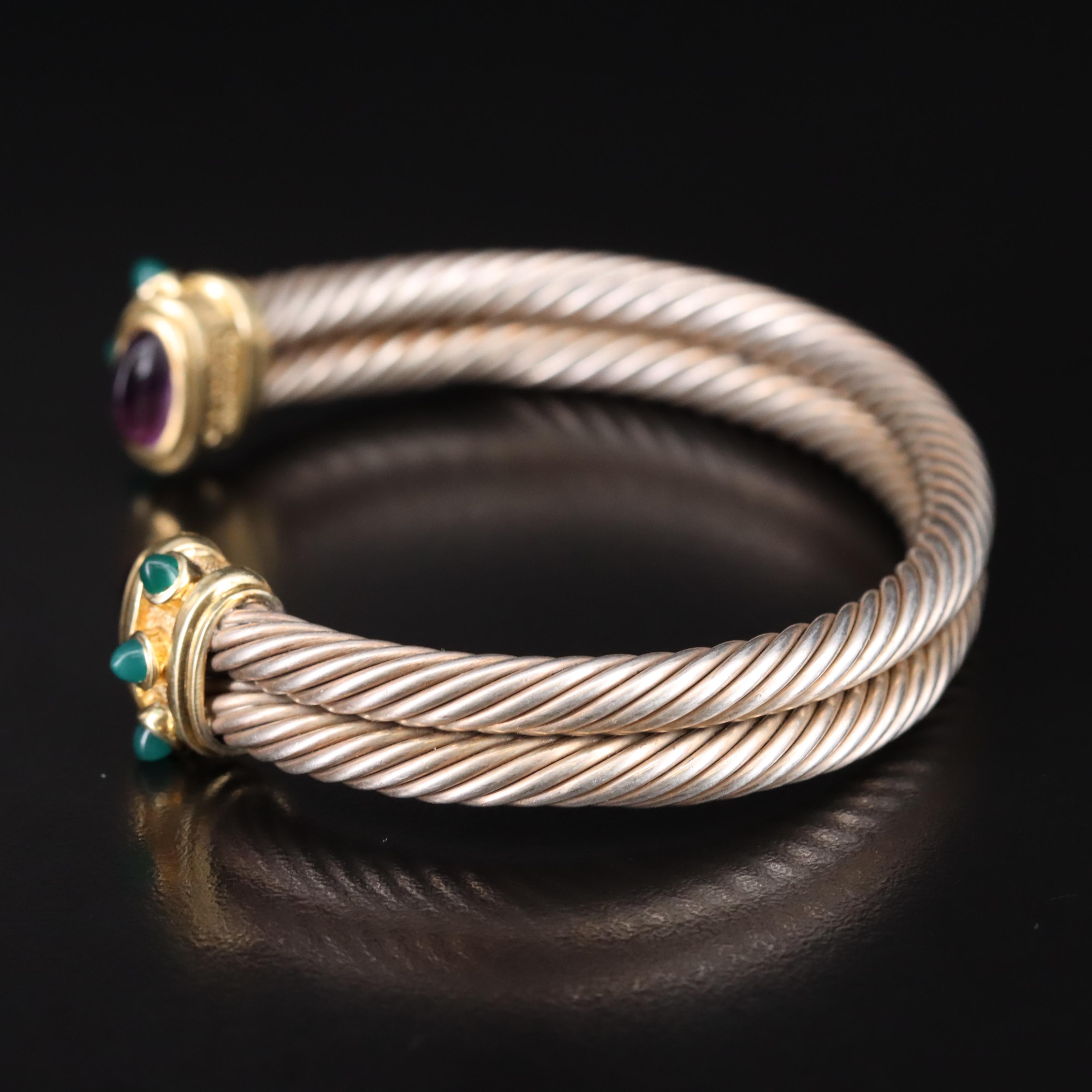 David Yurman "Renaissance" Sterling, 14K, Amethyst and Chalcedony Cuff Bracelet