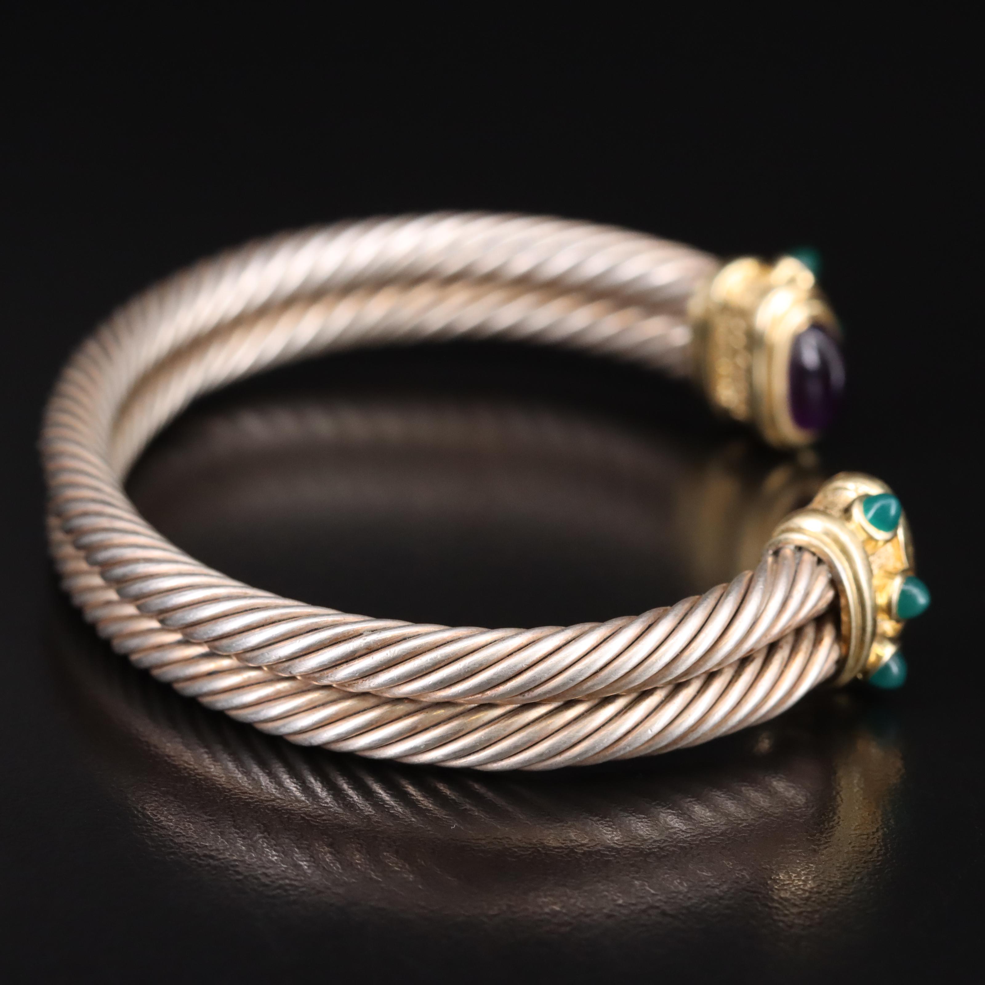 David Yurman "Renaissance" Sterling, 14K, Amethyst and Chalcedony Cuff Bracelet