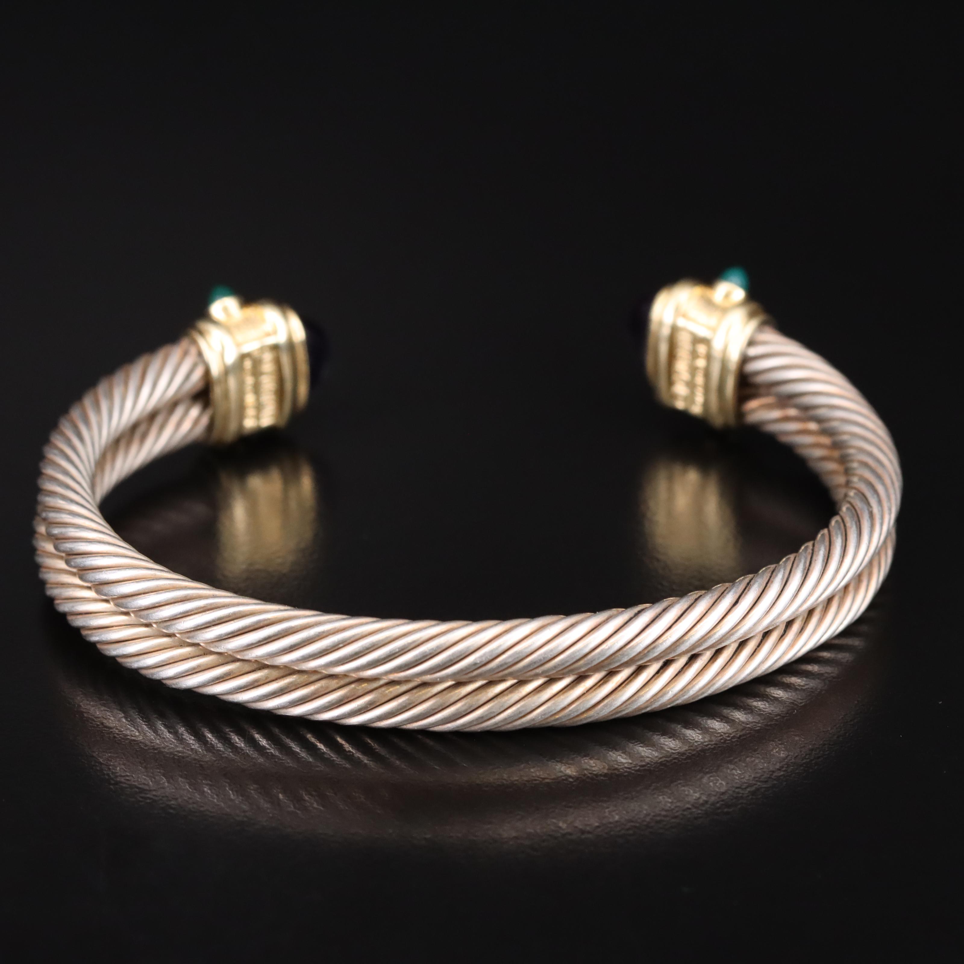 David Yurman "Renaissance" Sterling, 14K, Amethyst and Chalcedony Cuff Bracelet