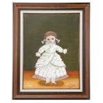 Agapito Labios Folk Art Oil Painting of a Little Girl in Green and White Dress