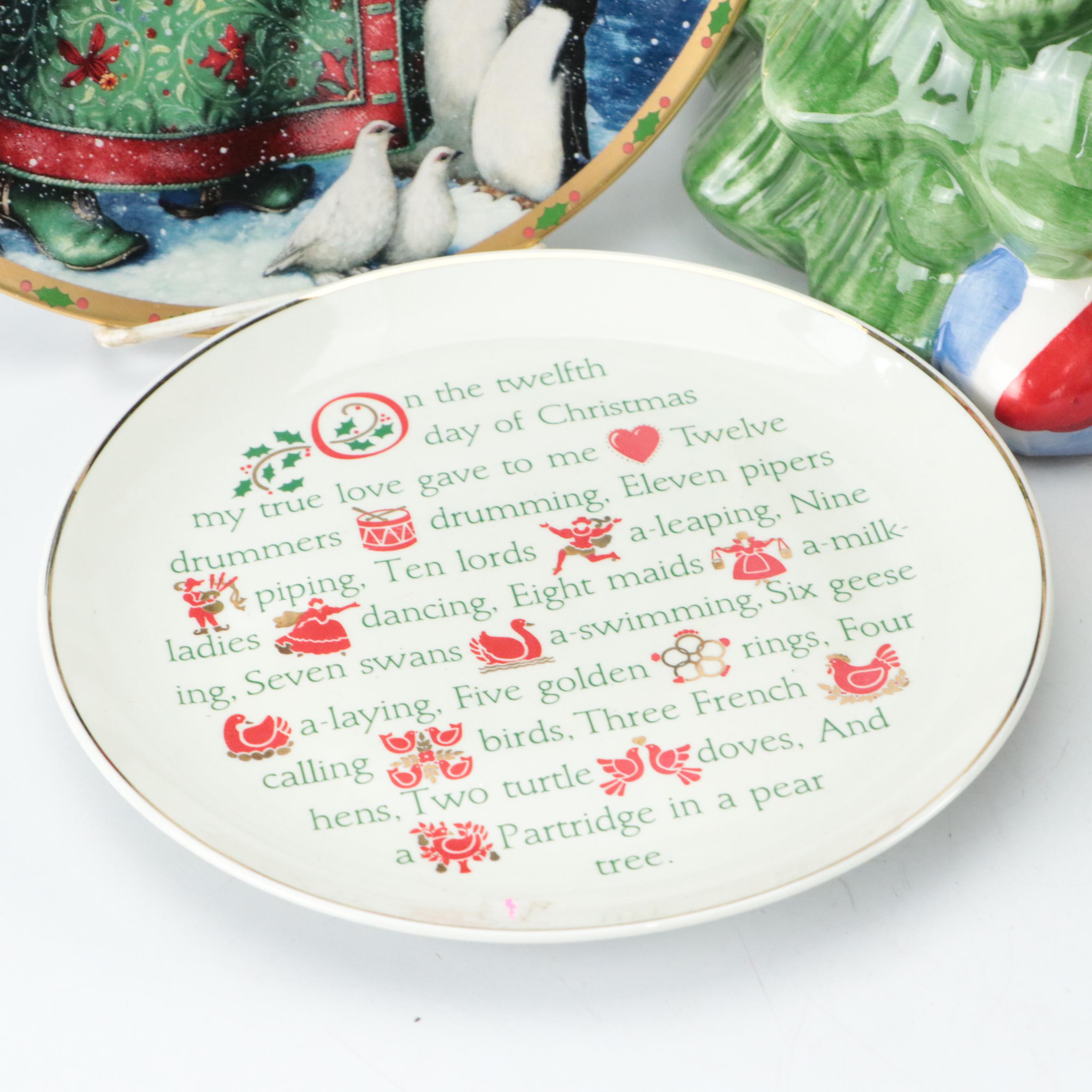 Ceramic Christmas Tree Cookie Jar, Metal Luminary, Plates and Other Décor