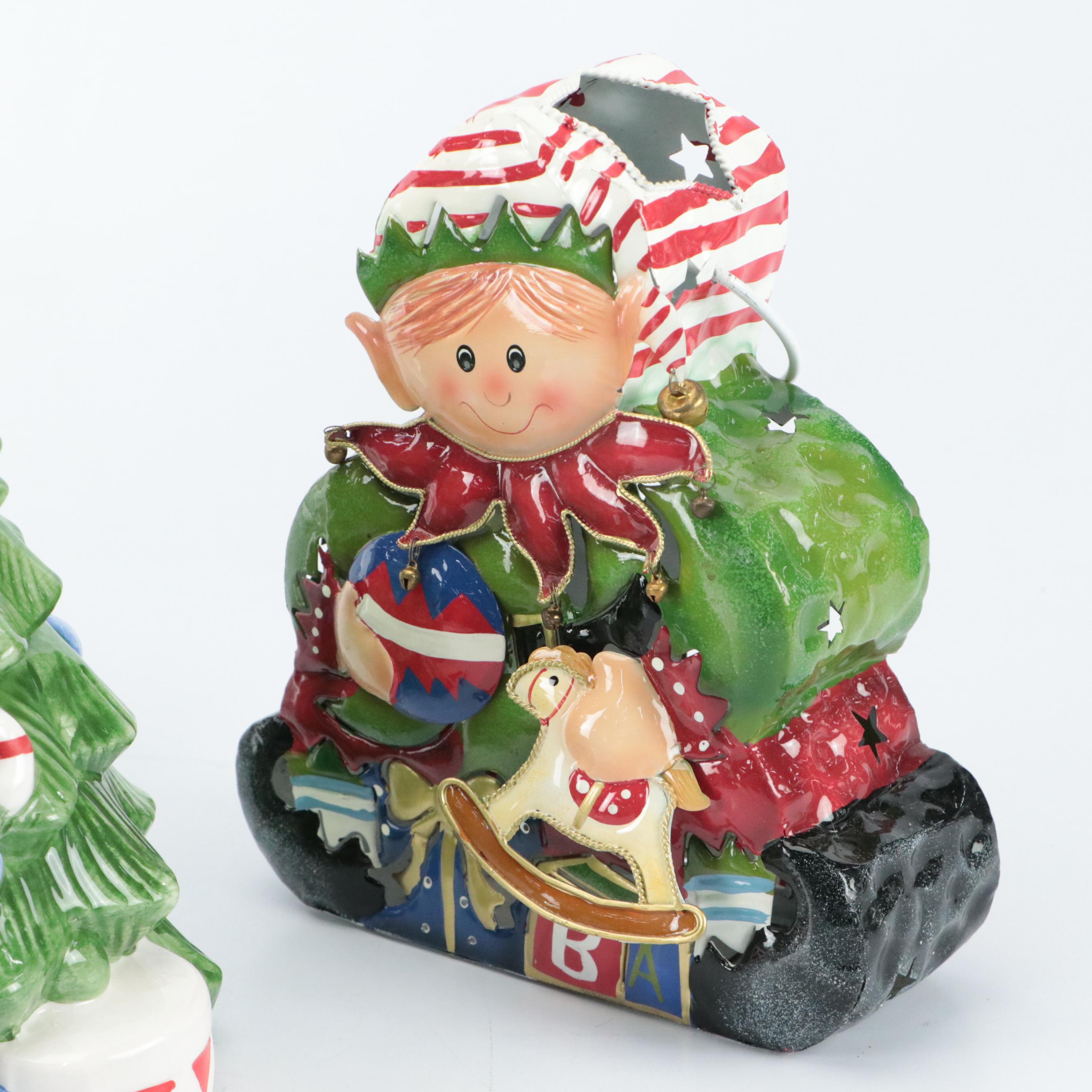 Ceramic Christmas Tree Cookie Jar, Metal Luminary, Plates and Other Décor