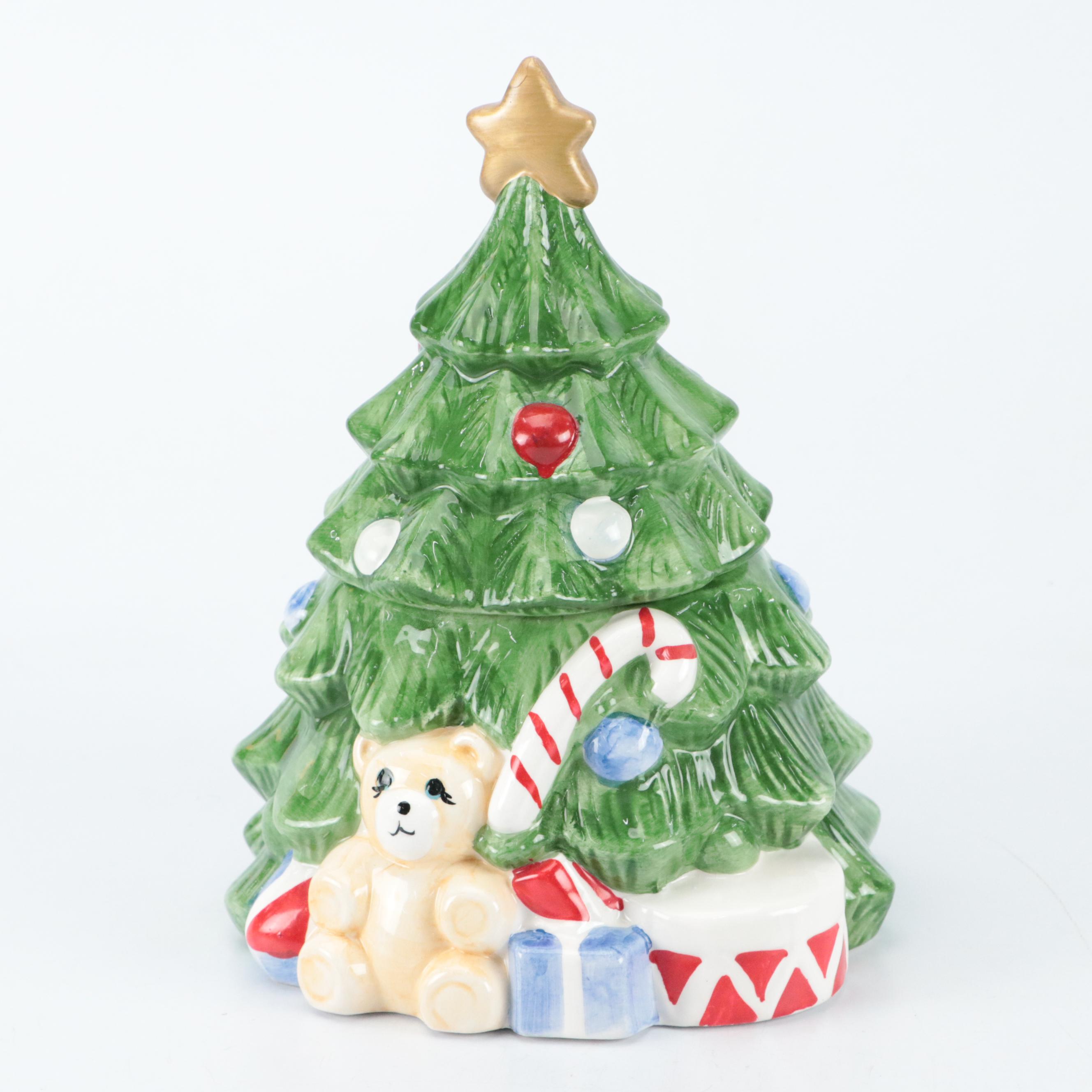 Ceramic Christmas Tree Cookie Jar, Metal Luminary, Plates and Other Décor