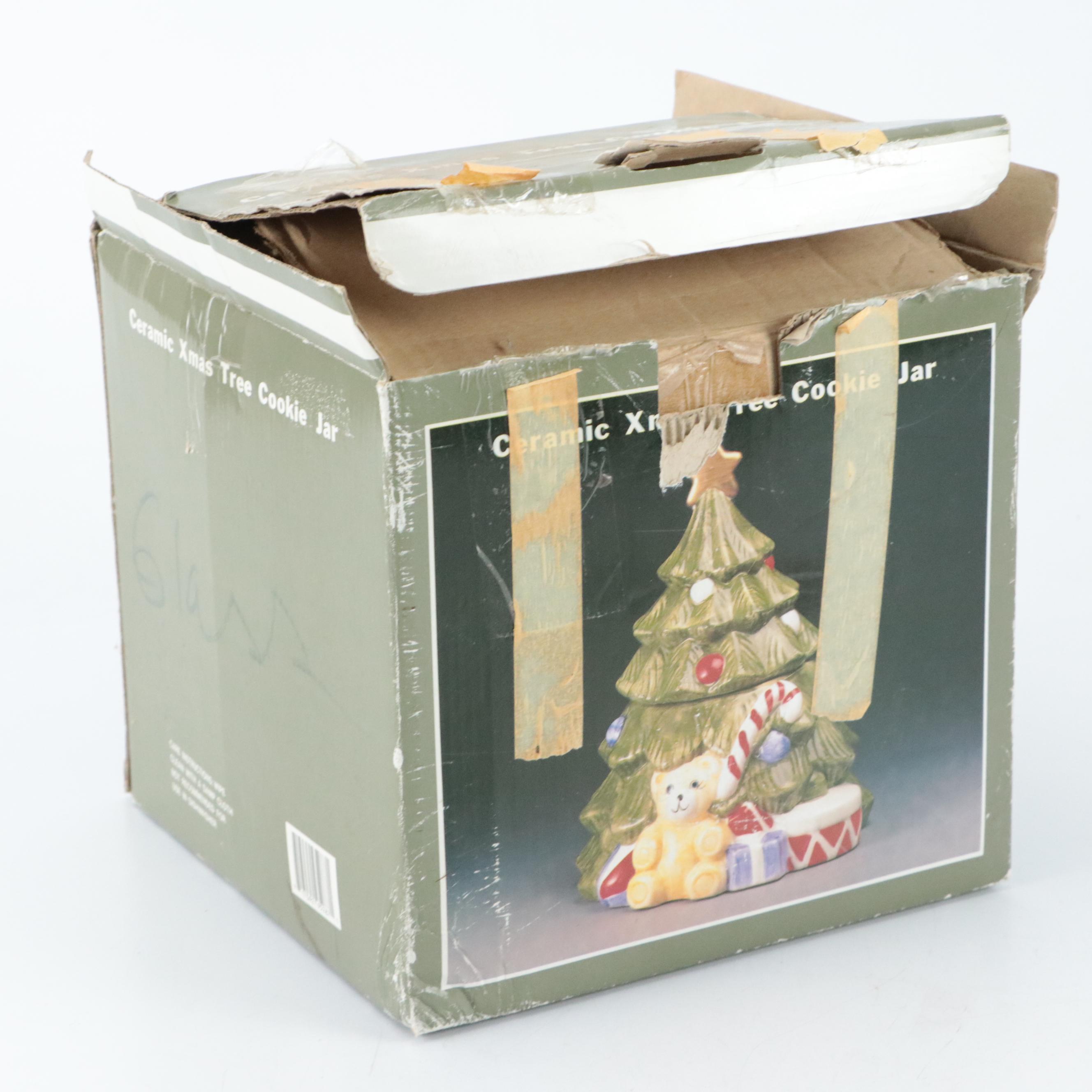 Ceramic Christmas Tree Cookie Jar, Metal Luminary, Plates and Other Décor