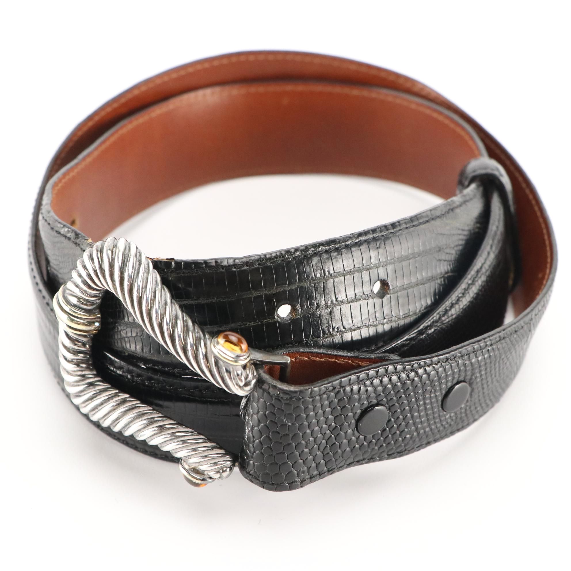 David Yurman Teju Lizard Skin and Leather Belt with Sterling and 14K Buckle