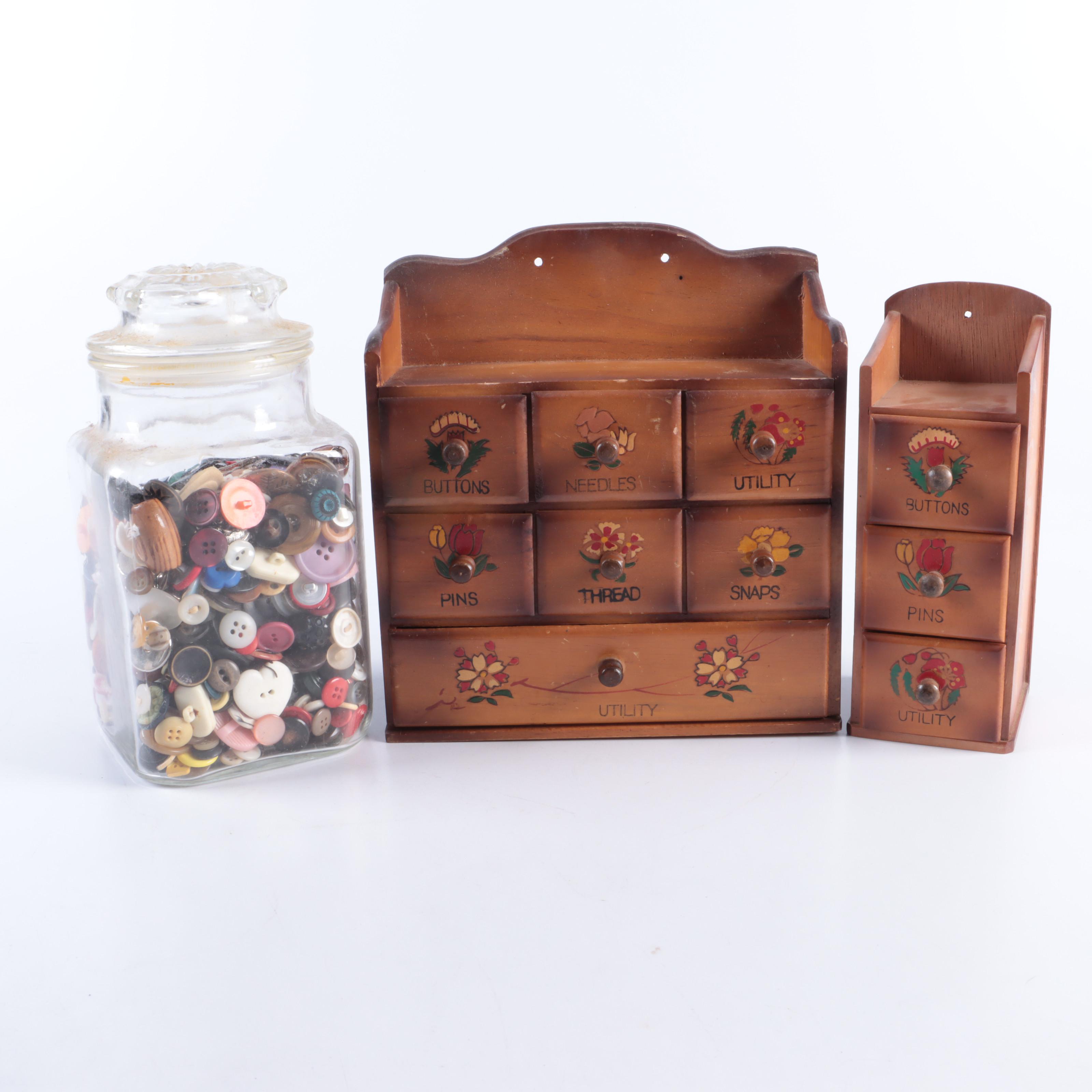 Miniature Wooden Sewing Notions Cabinets with Buttons in Glass Jar