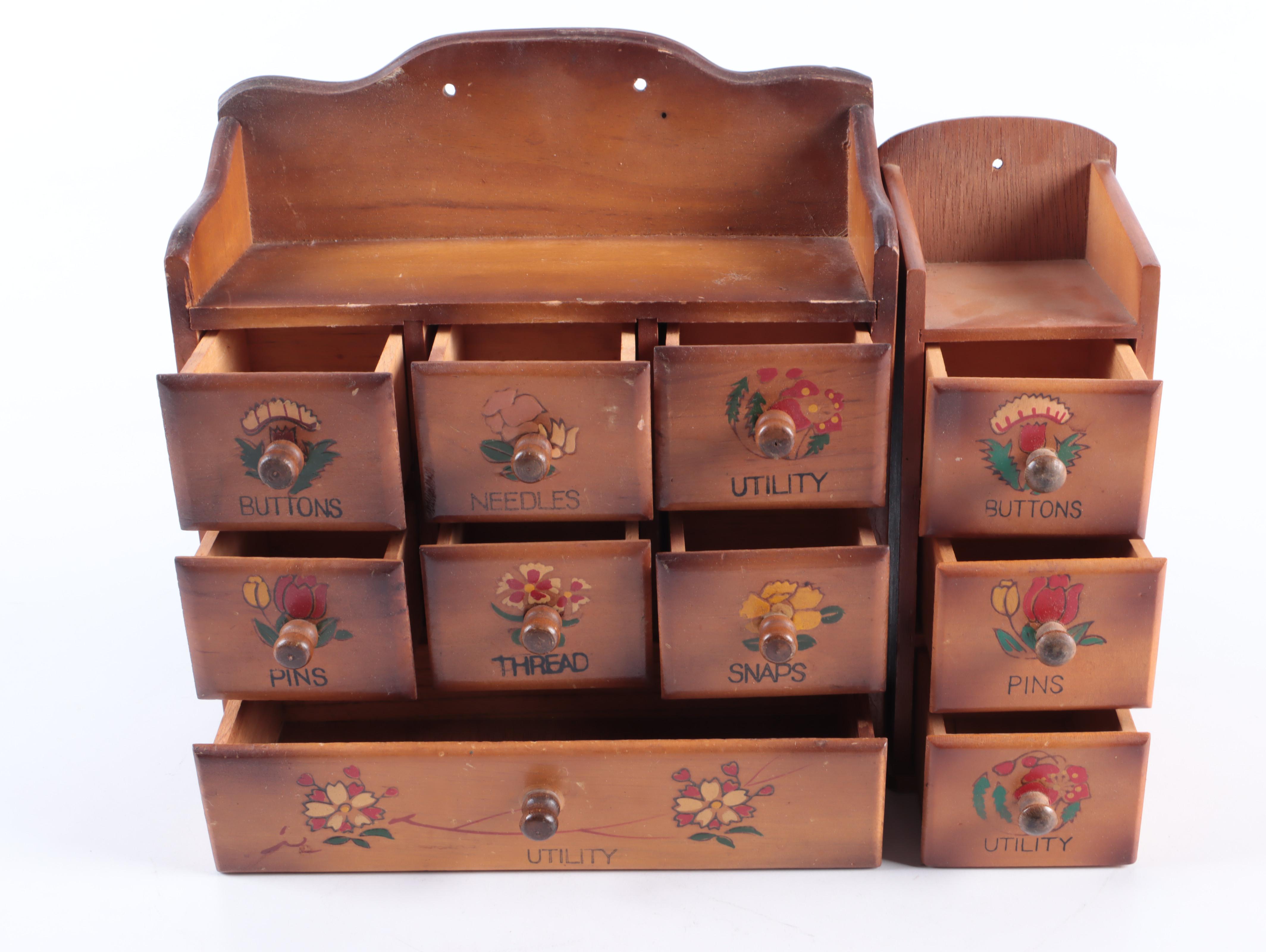 Miniature Wooden Sewing Notions Cabinets with Buttons in Glass Jar