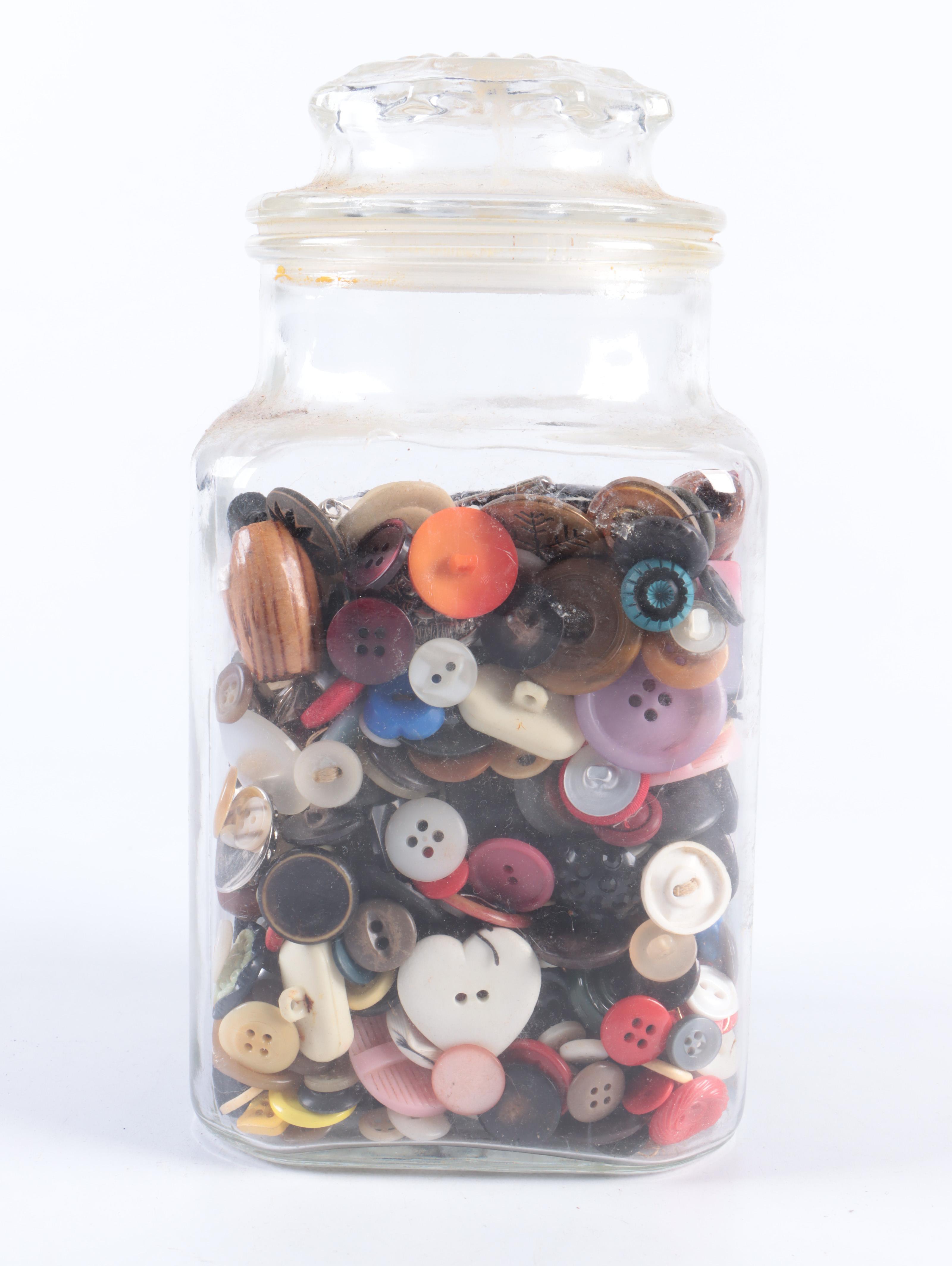 Miniature Wooden Sewing Notions Cabinets with Buttons in Glass Jar