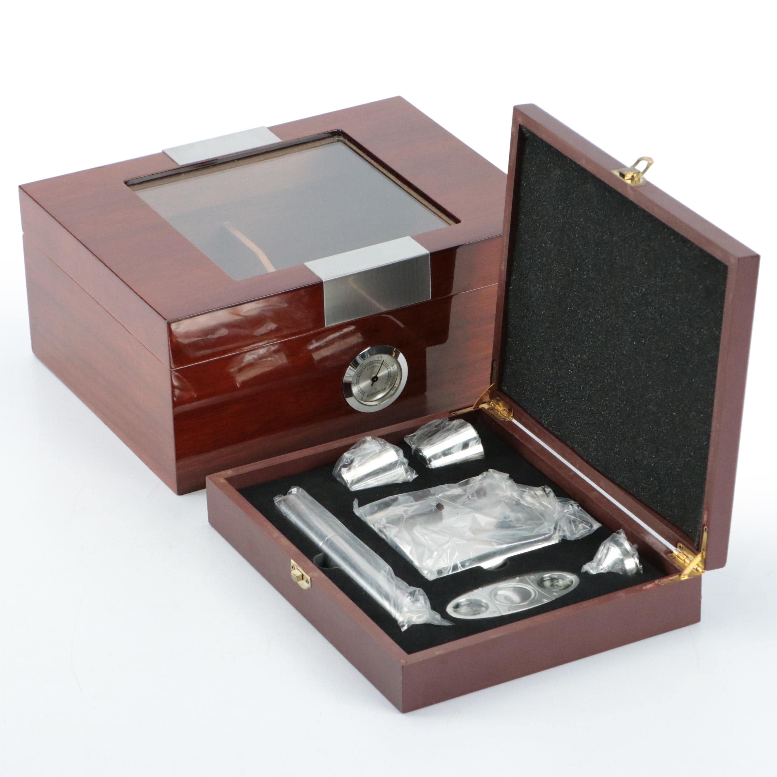 Cedar Lined Humidor With Cigar Cutter, Hip Flask and Cigar Tube Set