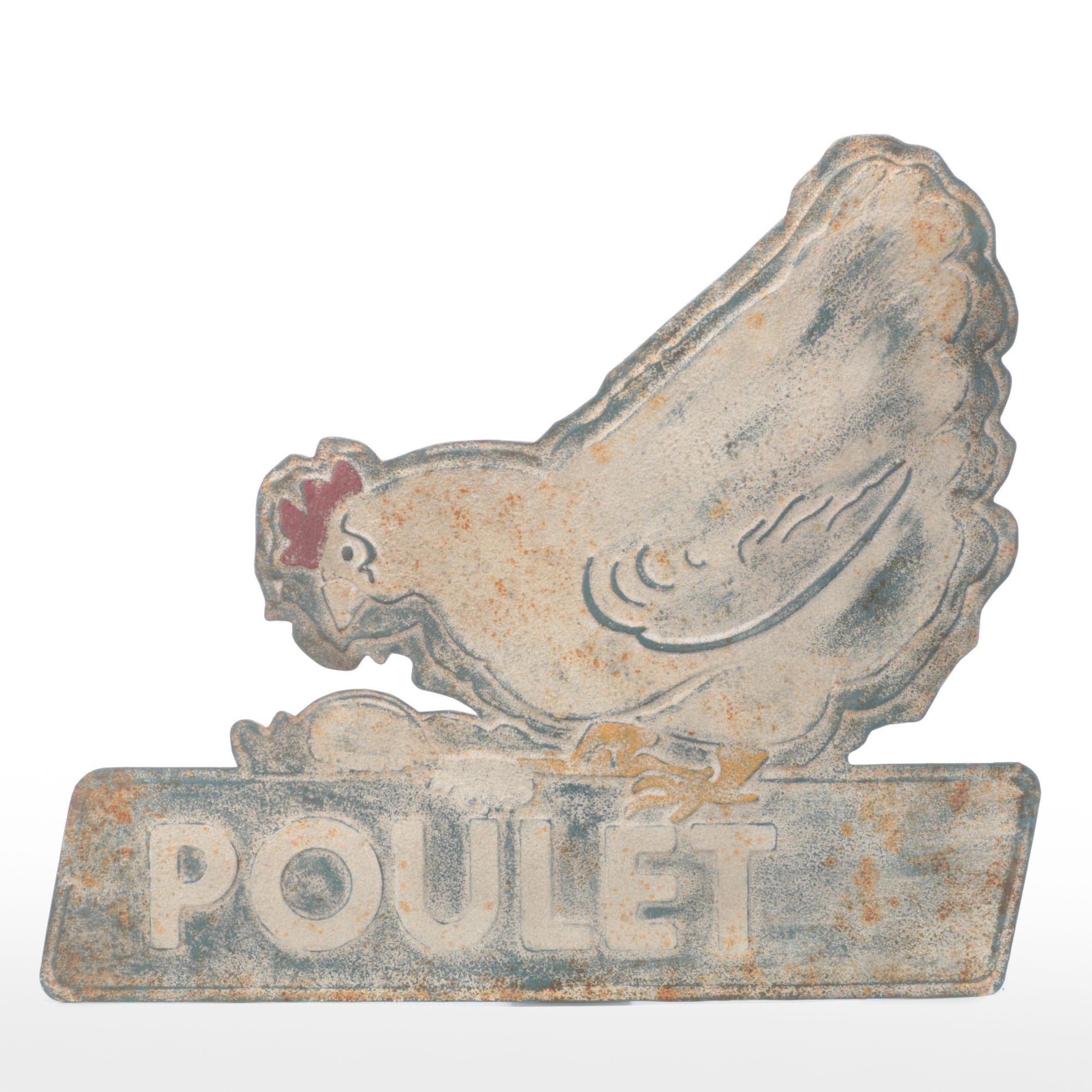 "Poulet" Pressed Metal Chicken Sign