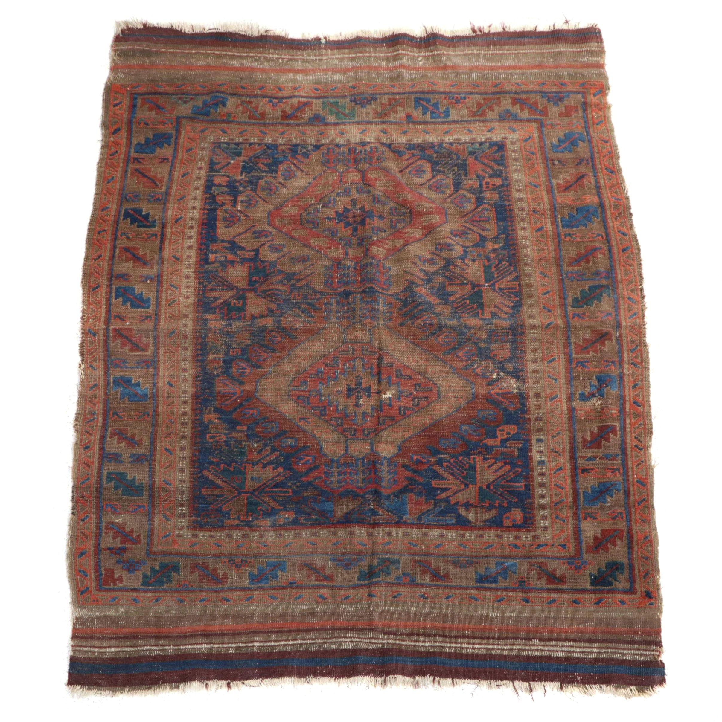 4'2 x 5'11 Hand-Knotted Mixed Technique Afghan Baluch Area Rug, Antique