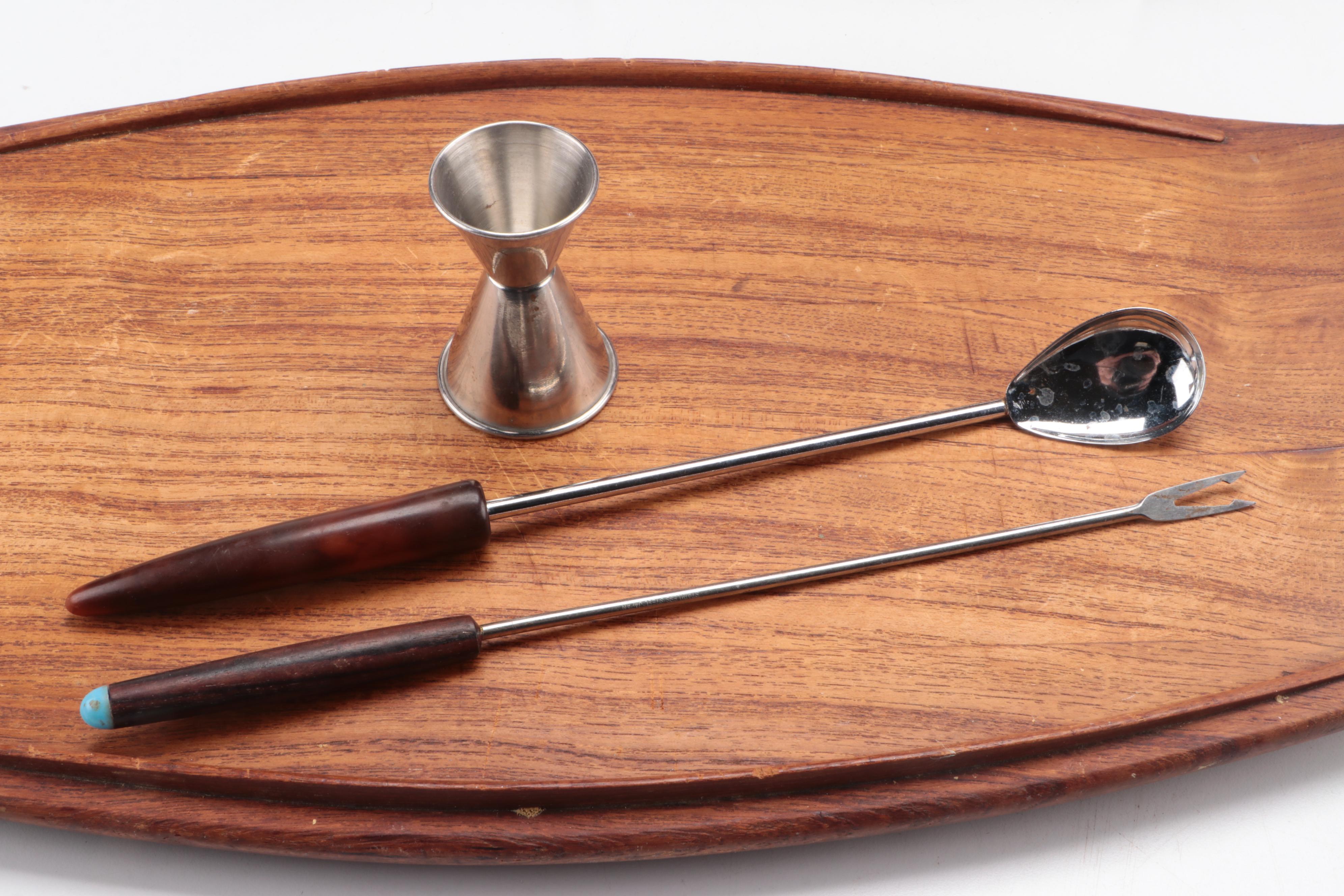 Dansk and Other Teak Serving Trays with Bar Tools and Accessories EBTH