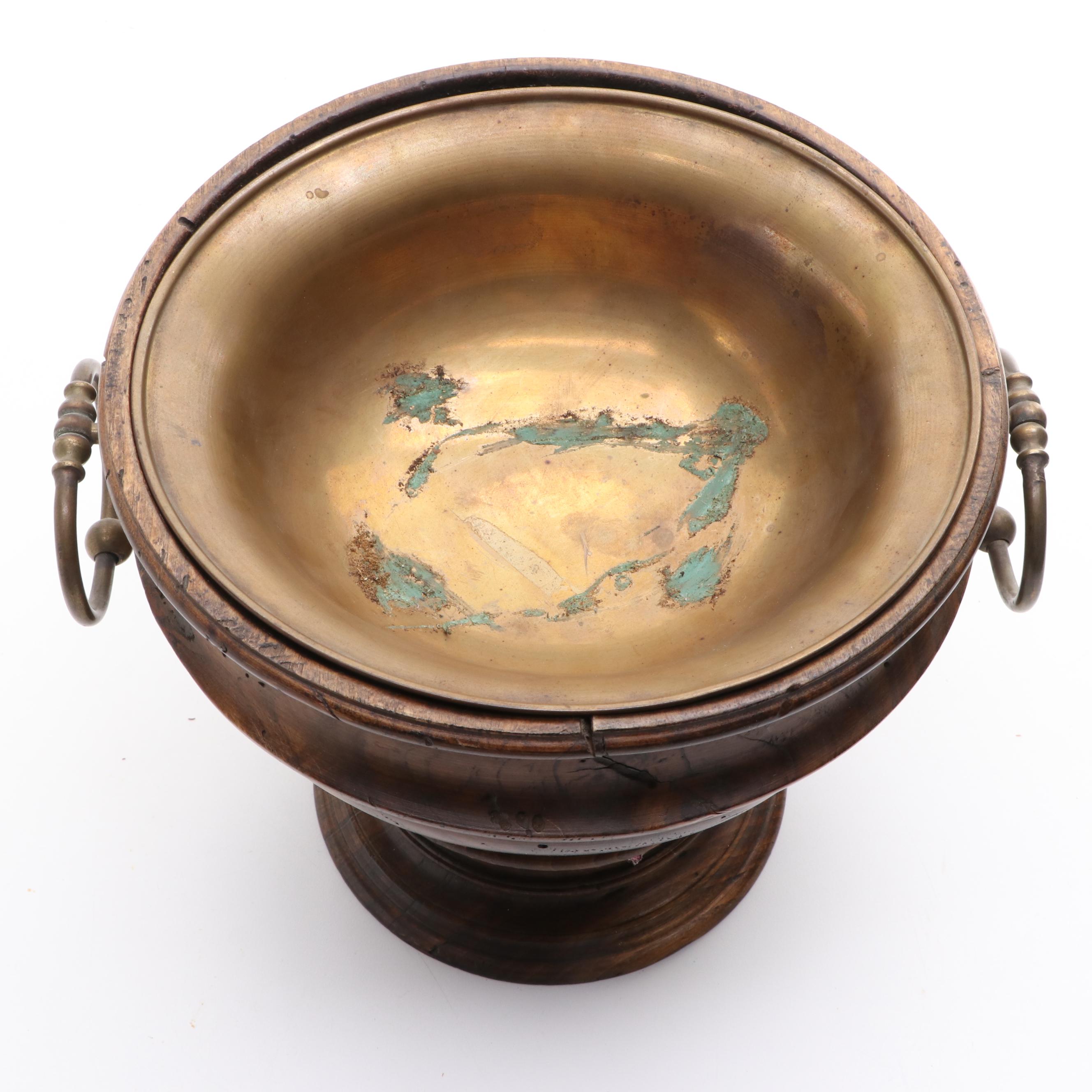 Italian Wooden Pedestal Bowl with Brass Bowl Insert