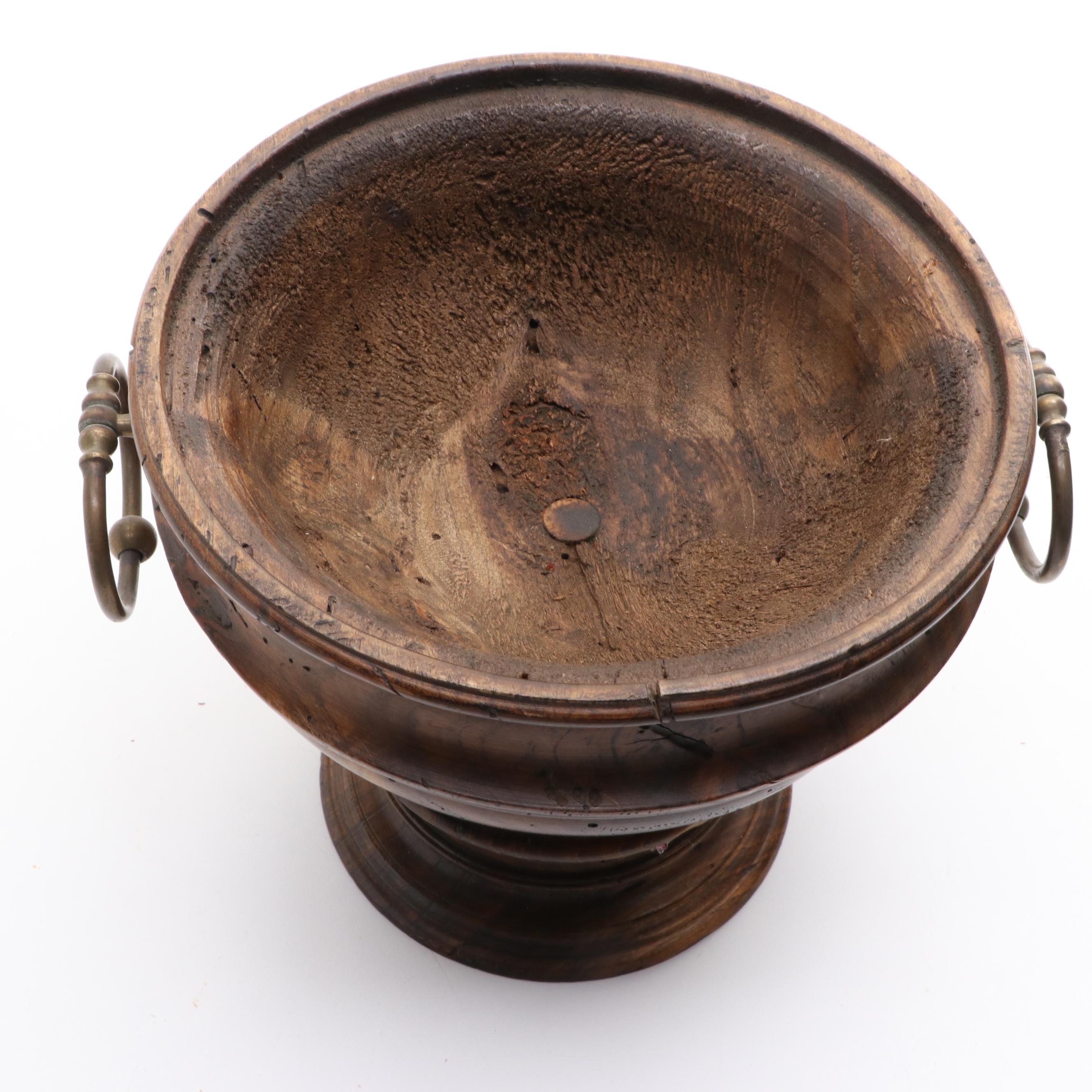 Italian Wooden Pedestal Bowl with Brass Bowl Insert