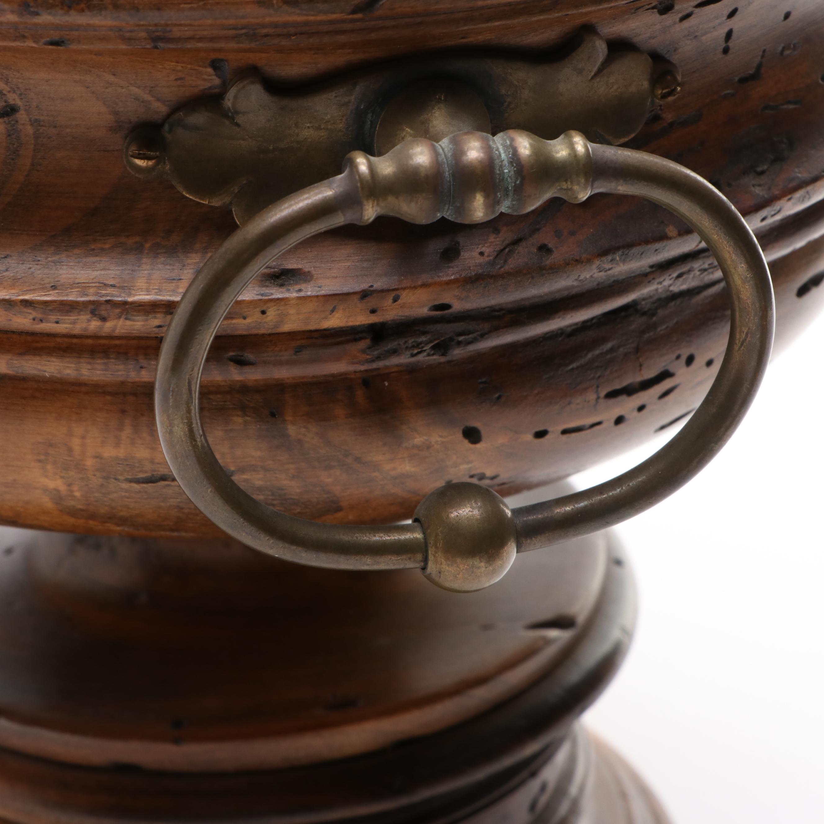 Italian Wooden Pedestal Bowl with Brass Bowl Insert