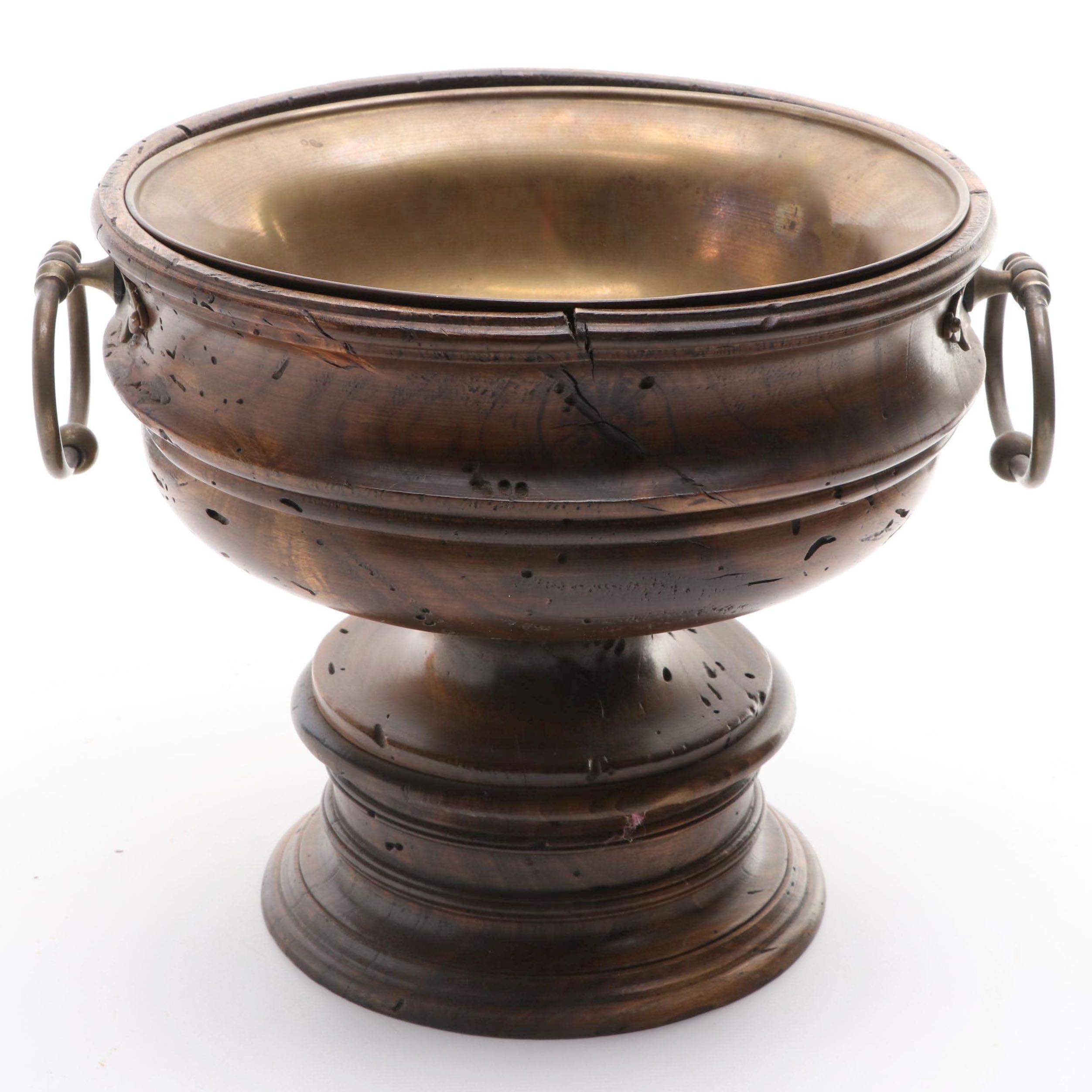 Italian Wooden Pedestal Bowl with Brass Bowl Insert