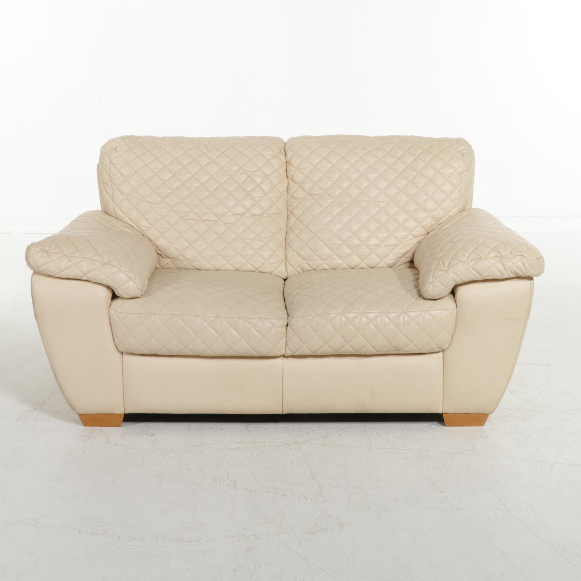 Contemporary Italian Quilted Leather Loveseat Sofa
