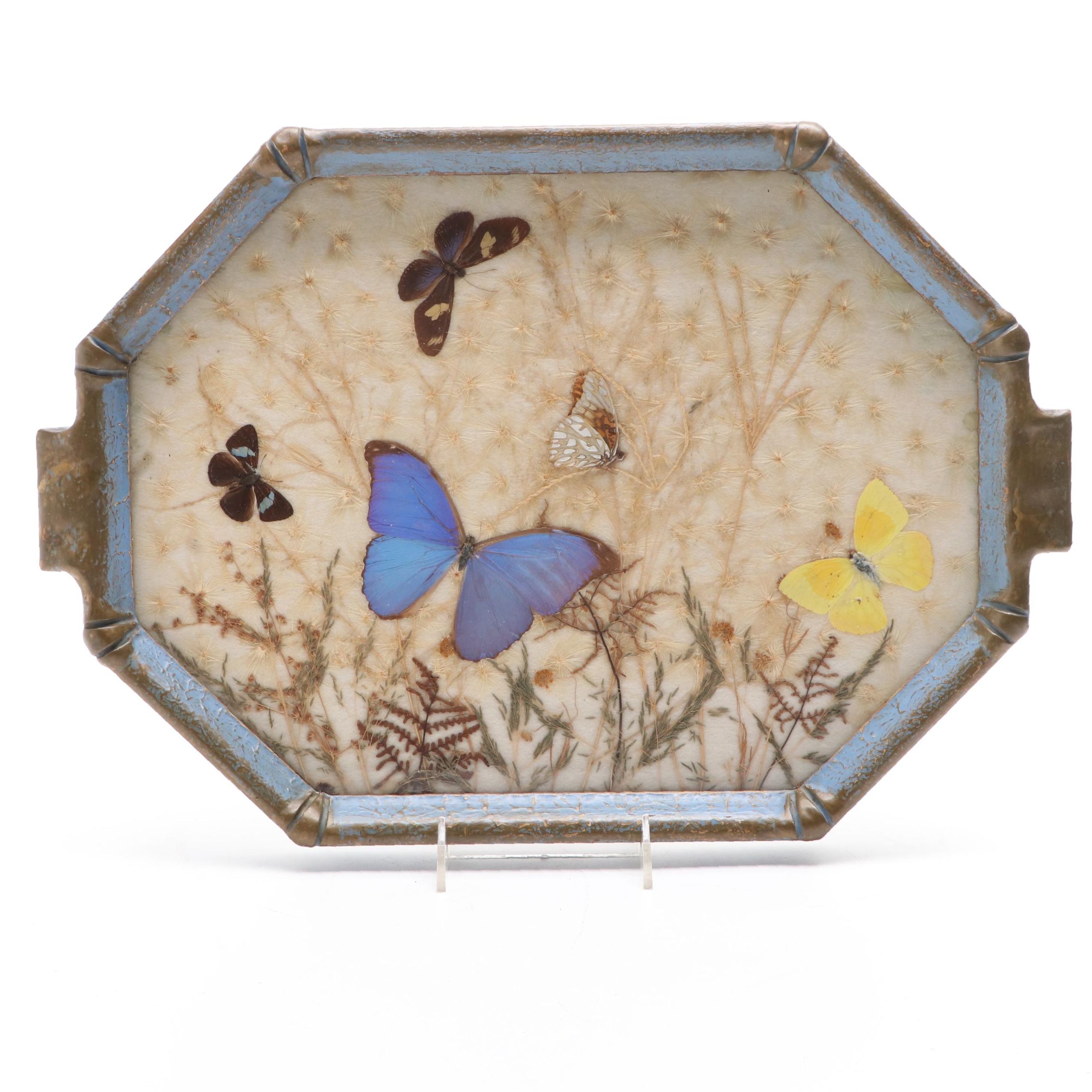 Pressed Butterfly and Flower Vanity Tray, Early to Mid 20th Century