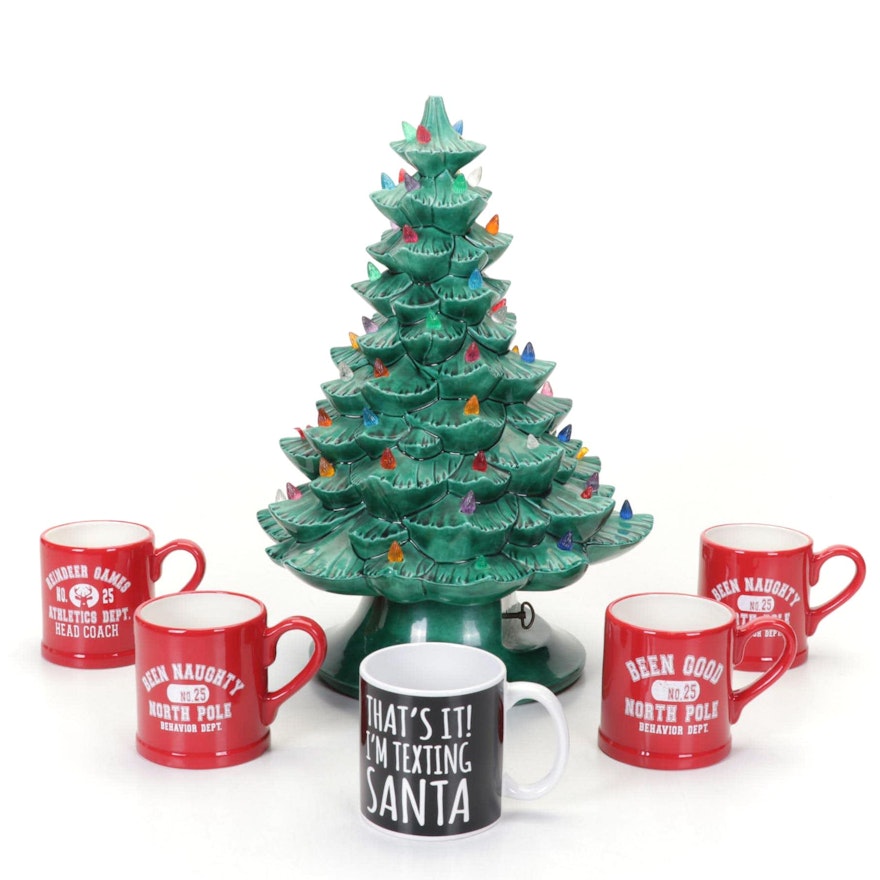 Musical, Light-Up Ceramic Christmas Tree With Novelty Holiday Mugs
