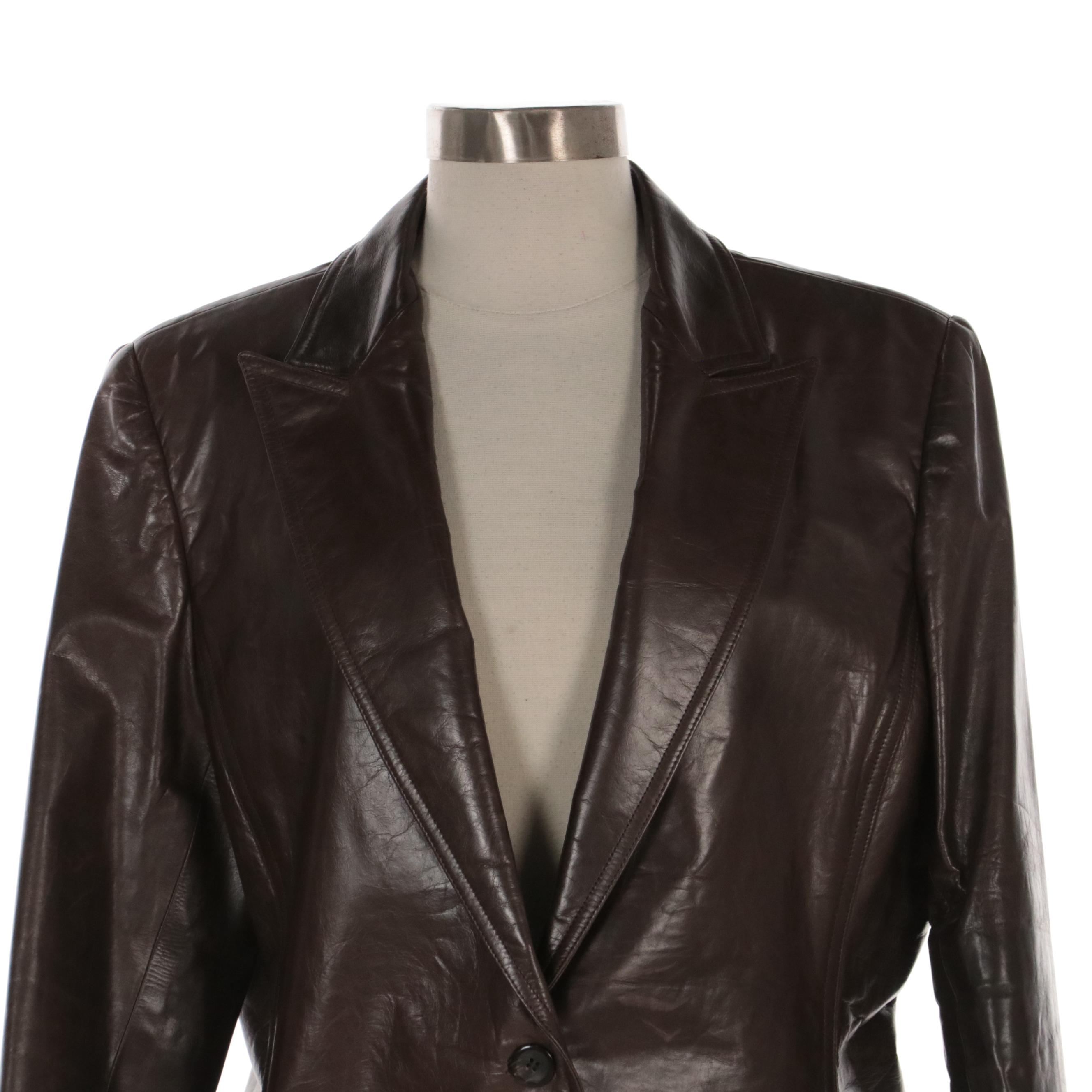 Oscar De La Renta Brown Leather Blazer Jacket