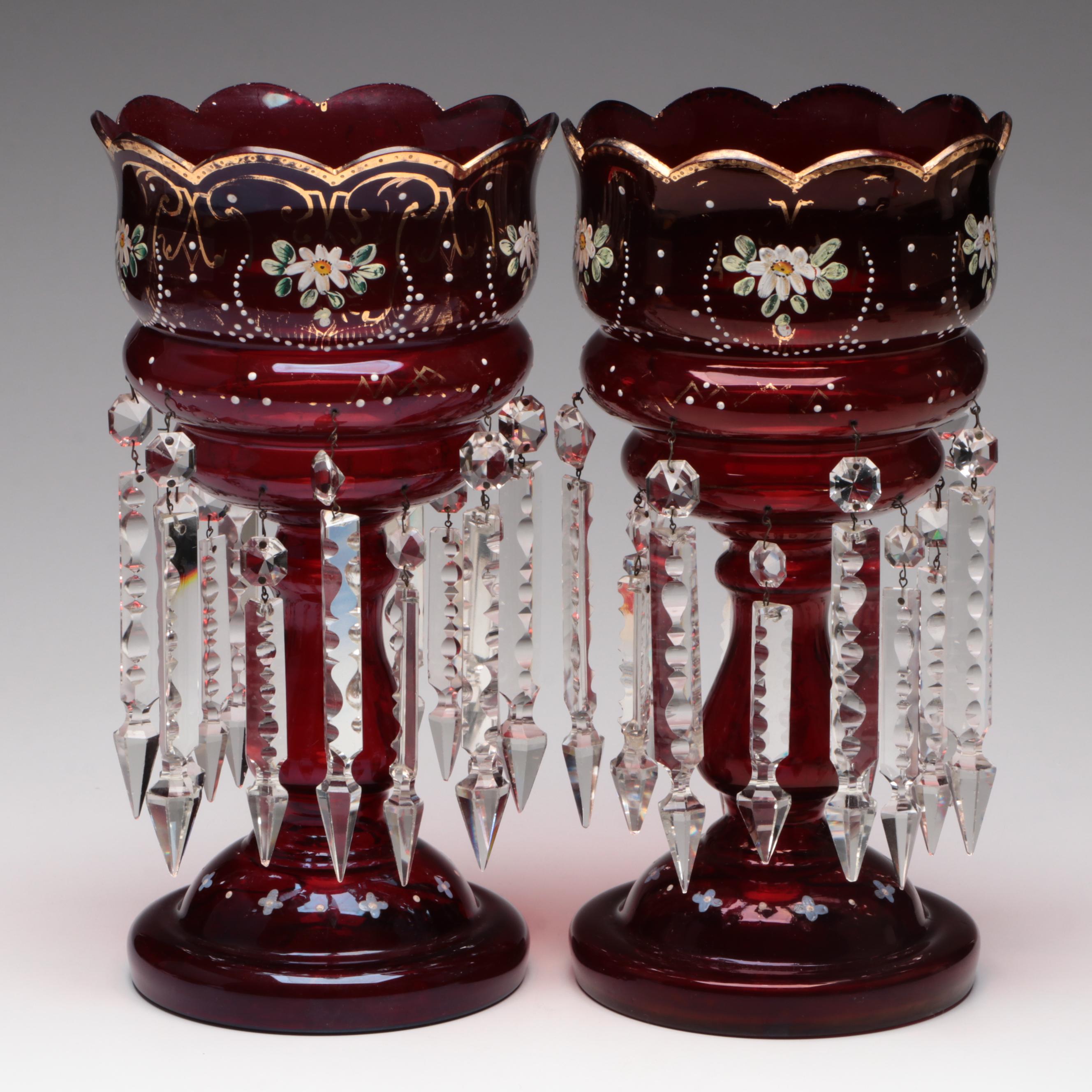 Hand-Painted Ruby Glass Mantle Lusters