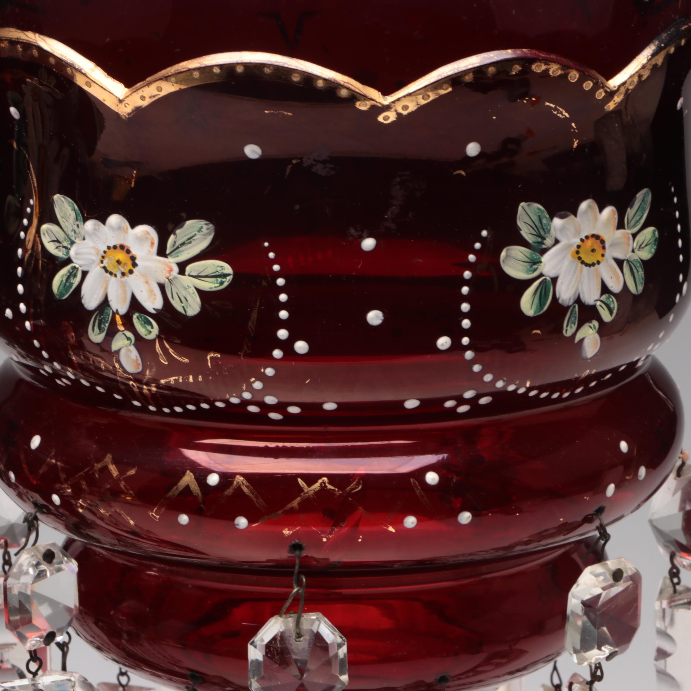 Hand-Painted Ruby Glass Mantle Lusters
