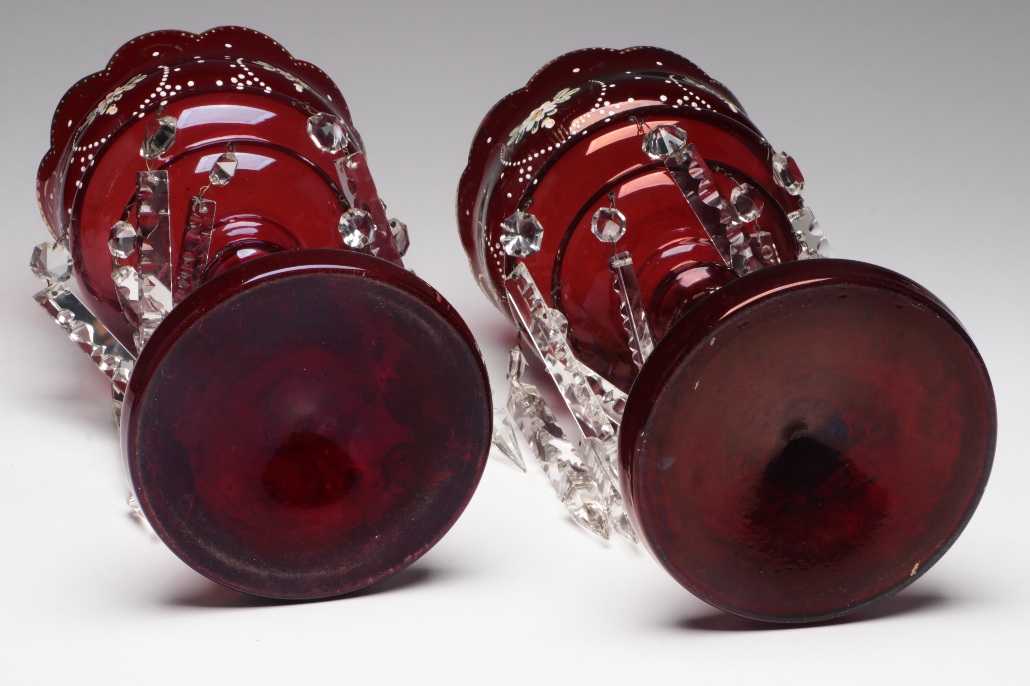 Hand-Painted Ruby Glass Mantle Lusters