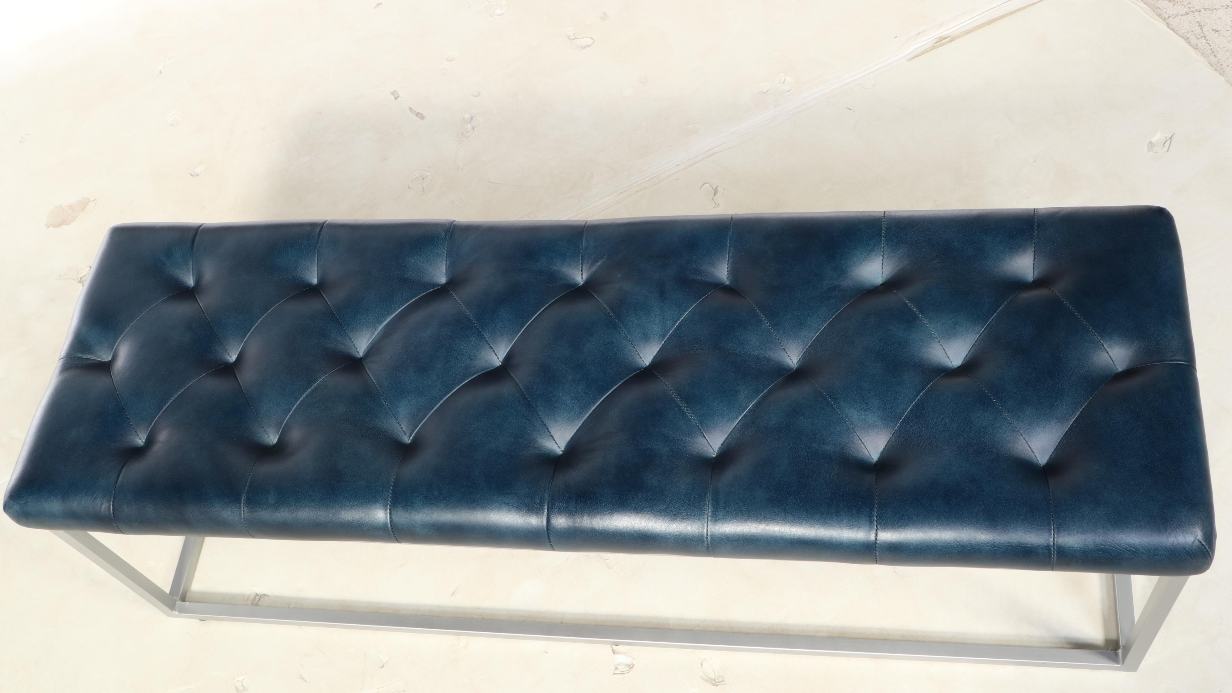 Blue Ocean Traders "Bergen" Modernist Style Tufted Leather and Metal Bench